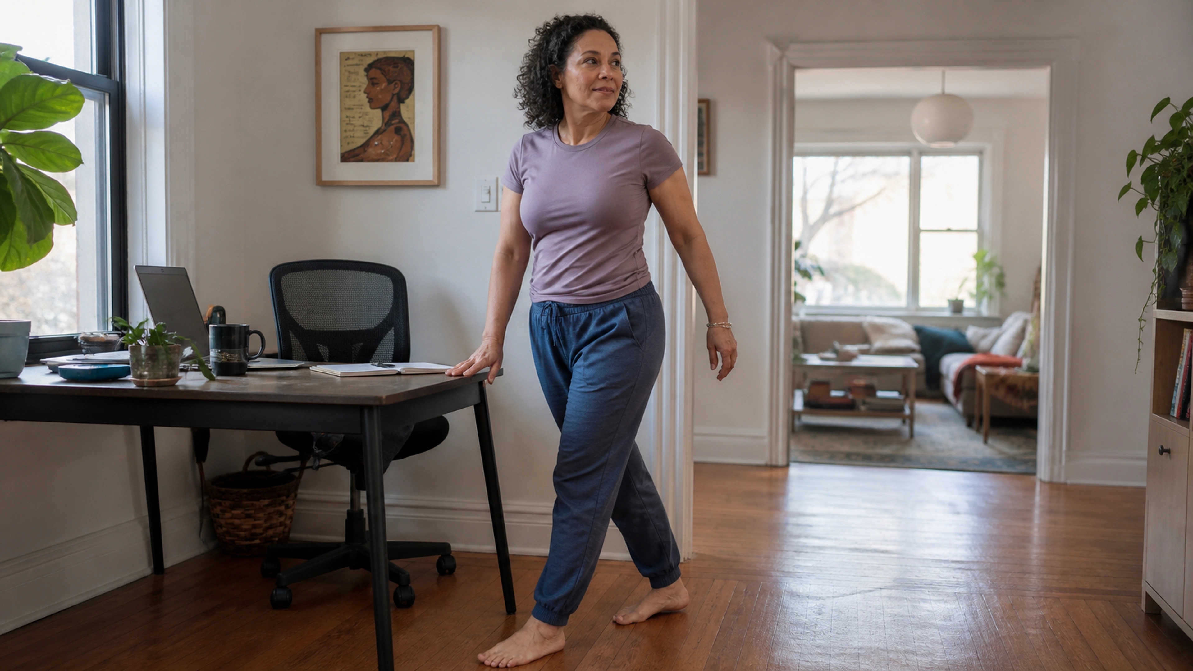Desk worker rising after prolonged sitting and beginning a gentle hip mobility break