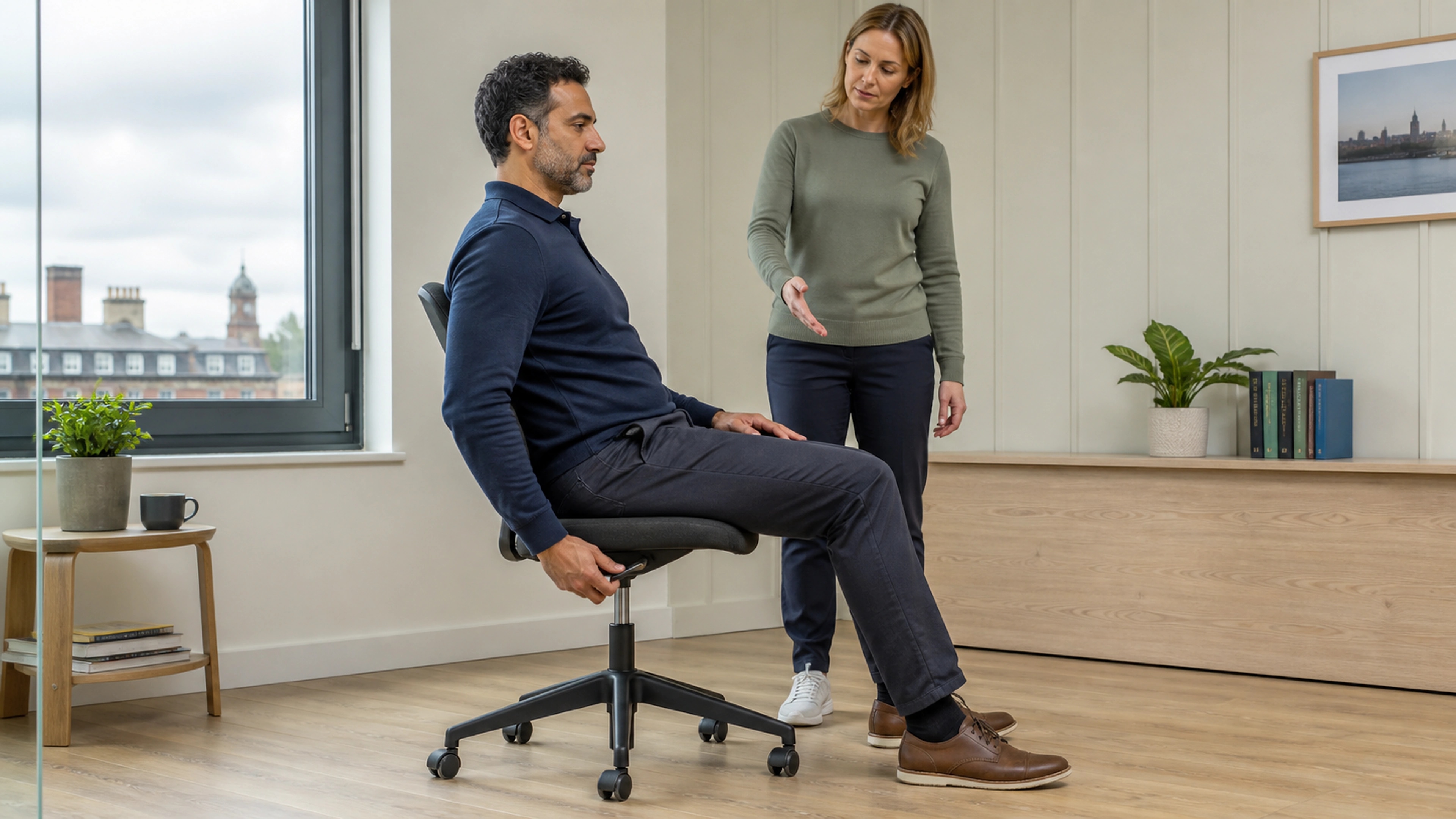 Side view of an adult choosing an open hip angle and balanced foot position at a desk