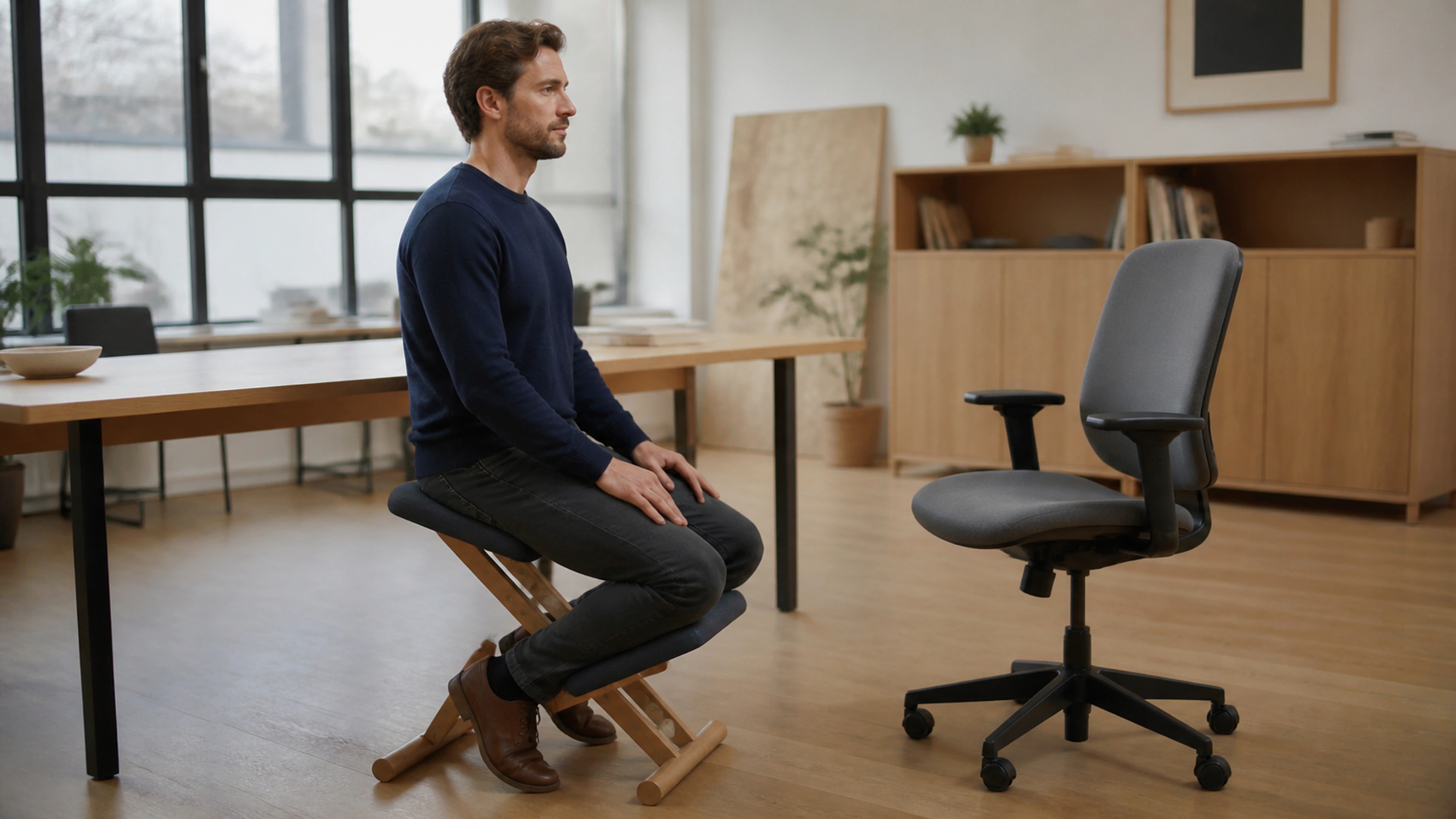 Worker comparing conventional seated posture with a forward-angled kneeling position in a studio