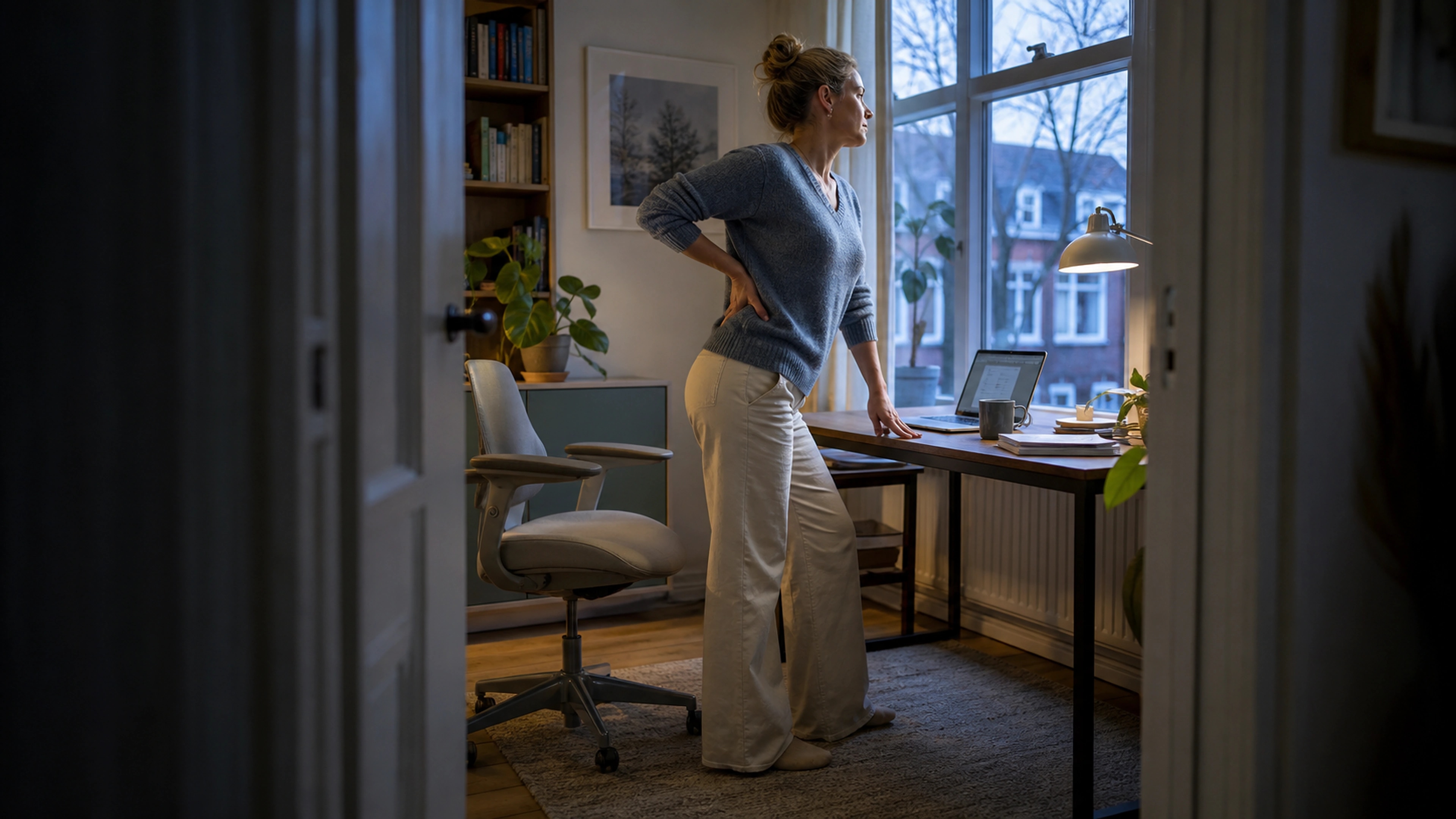 Office worker changing position and stretching gently after a prolonged seated work session
