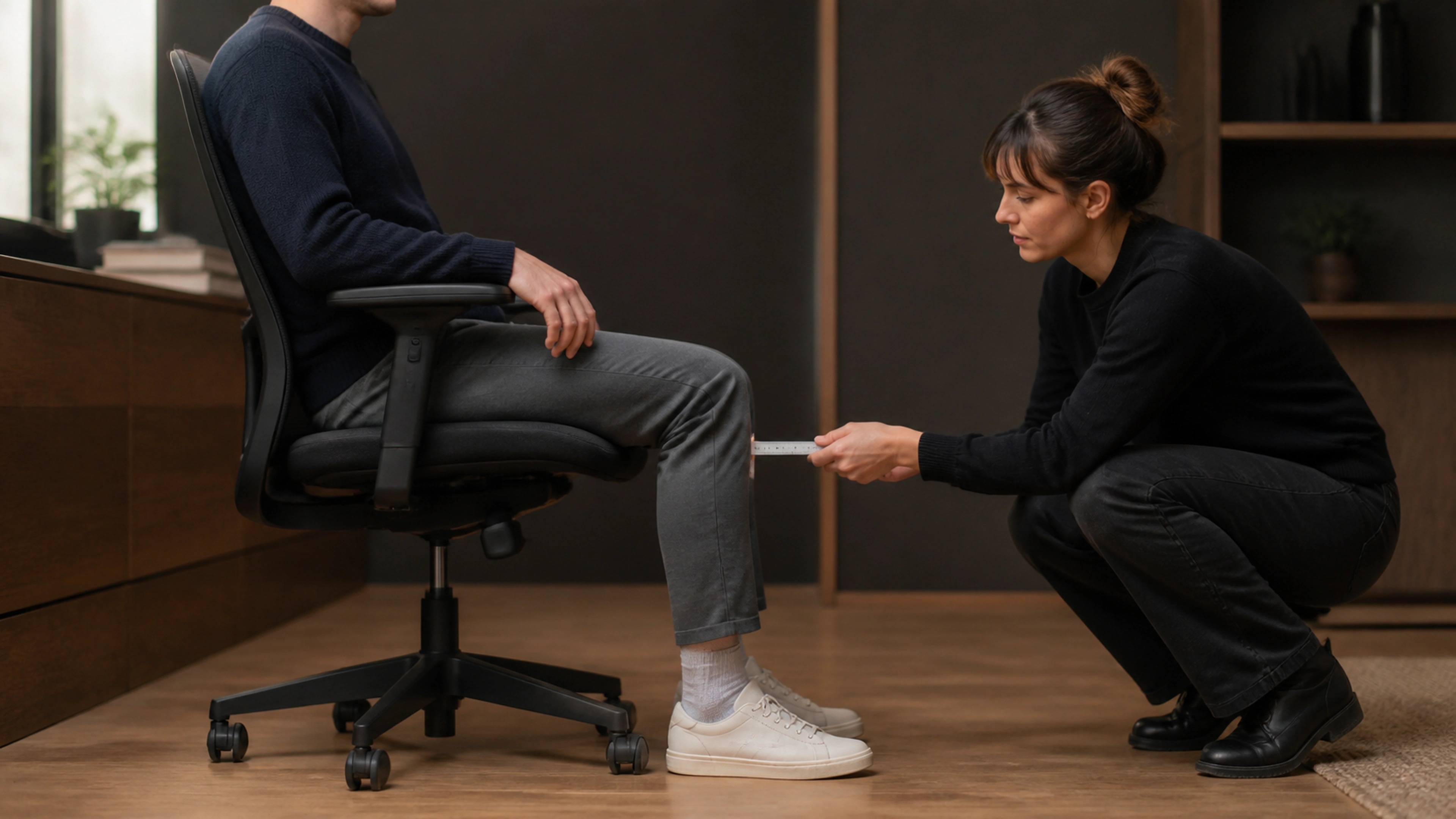 Adult checking seat width, depth, and foot contact while fitting an office chair