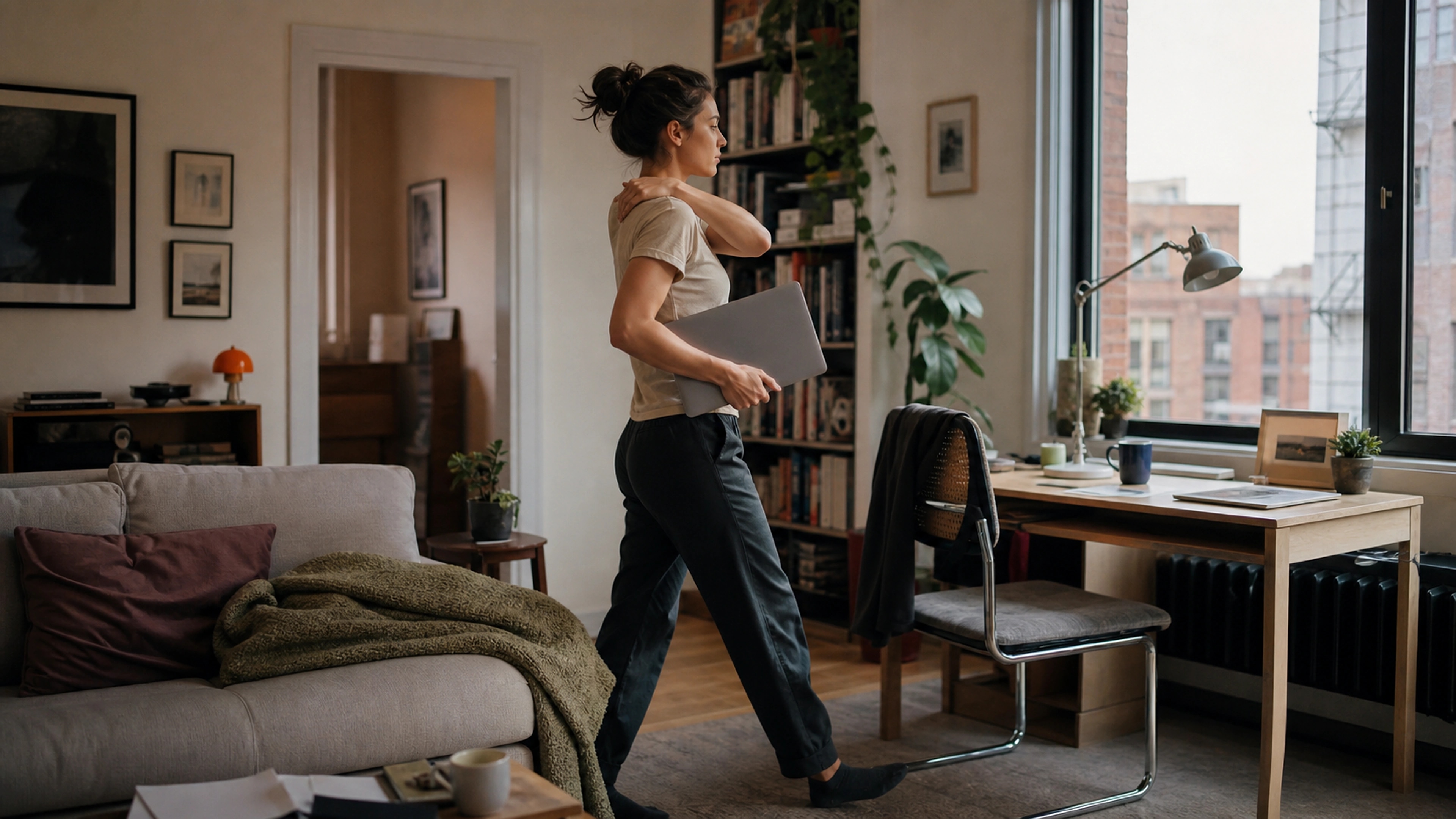Remote worker resetting chair and screen position in a lived-in home workspace