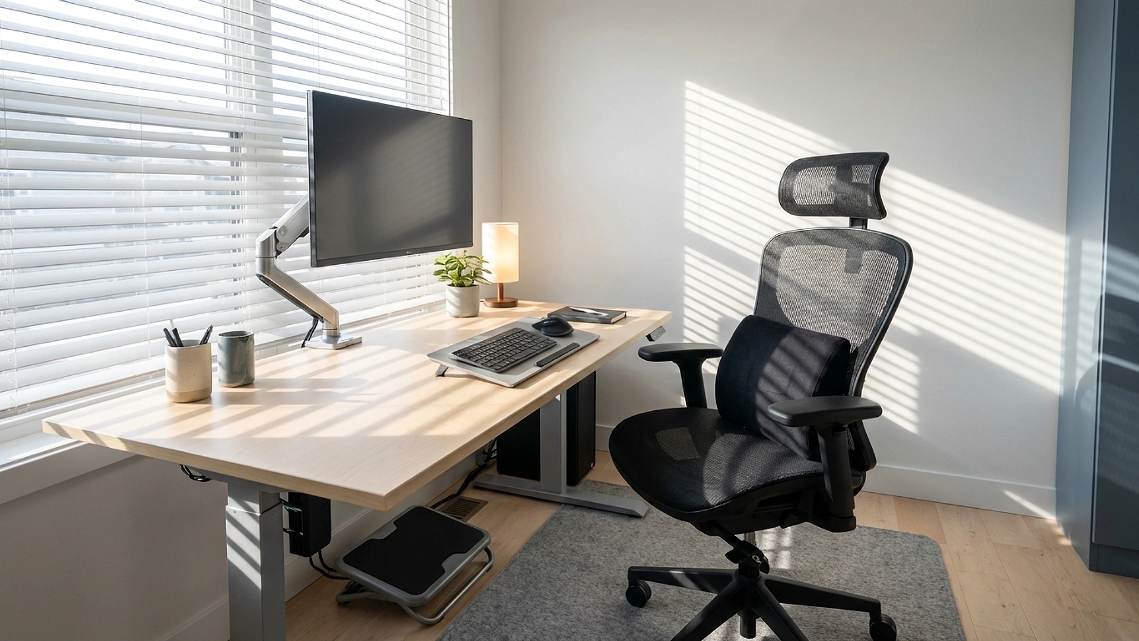 Remote worker reviewing chair, screen, and desk placement in a thoughtfully arranged home office