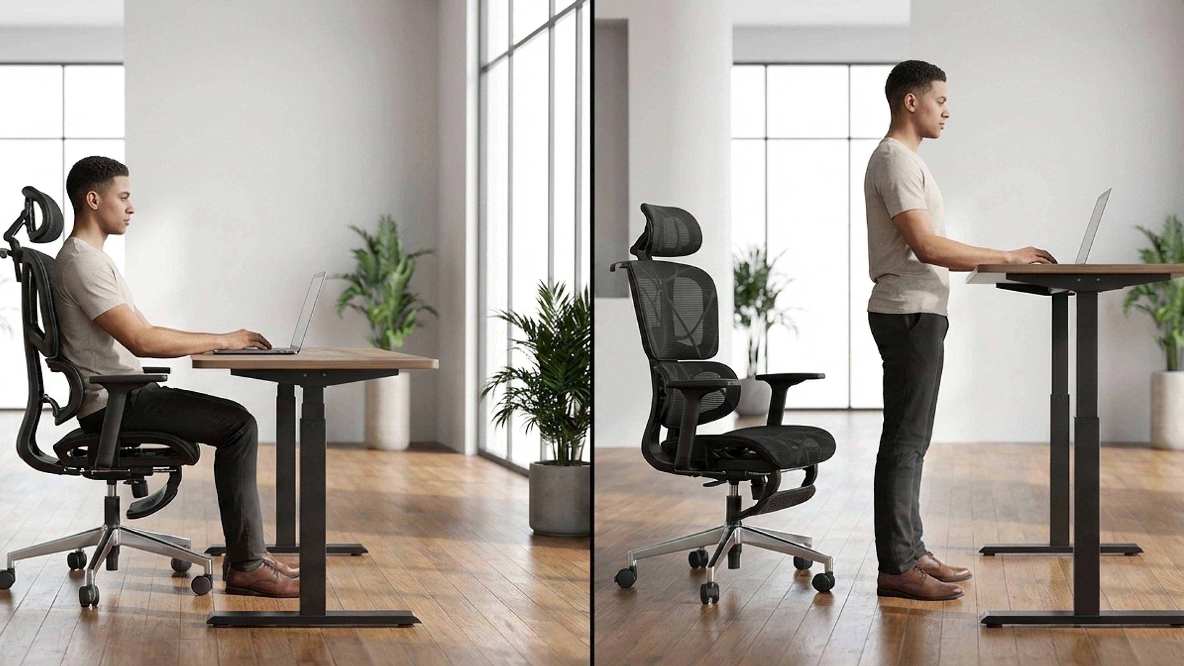Office worker moving between a supportive seated position and standing work during the same task