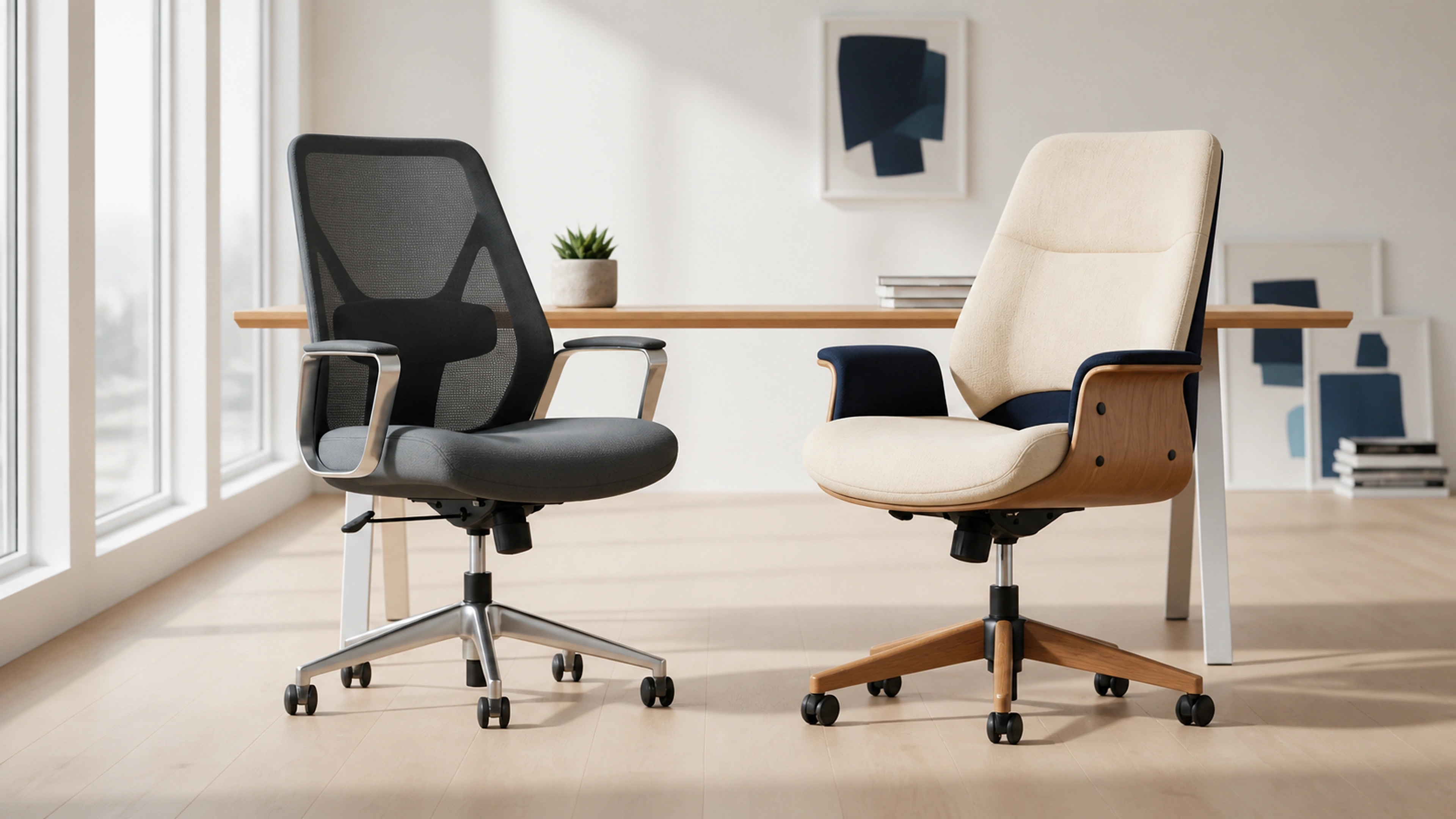 Worker comparing breathable mesh and upholstered seating surfaces in a daylight office