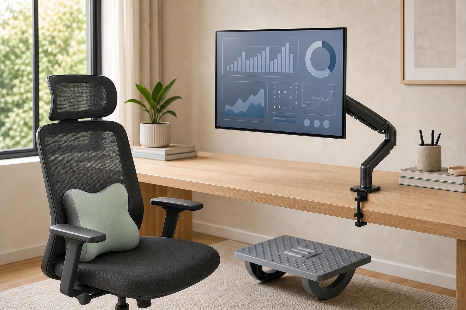 Ergonomiczne domowe stanowisko pracy z wyraźnie widocznym ekranem monitora od frontu, krzesłem i akcesoriami biurkowymi