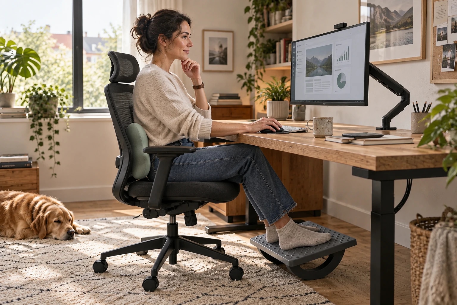 Femme travaillant à un bureau ergonomique à domicile avec soutien lombaire, bras d’écran et repose-pieds basculant