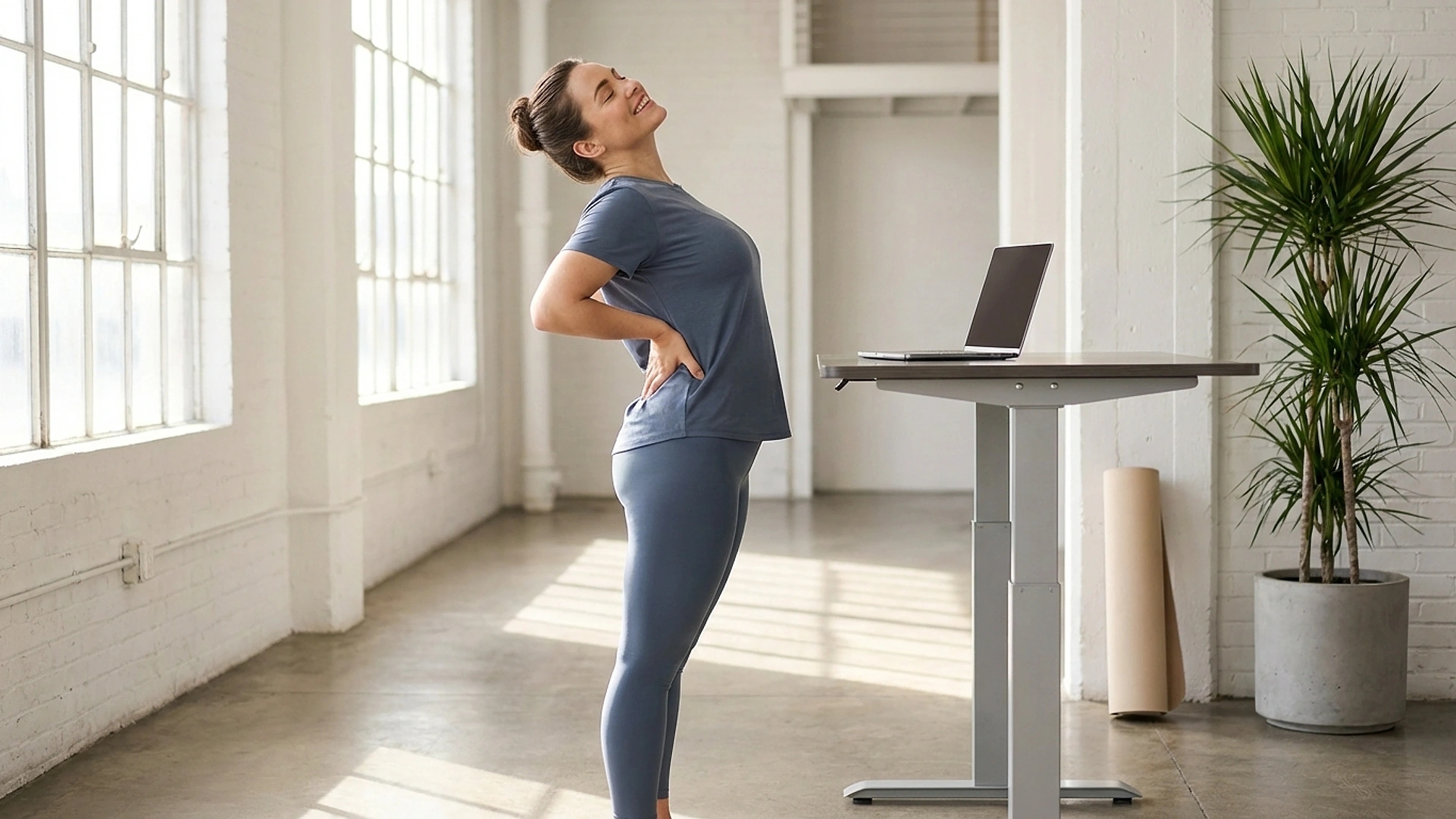 Office worker performing a gentle seated back stretch beside a desk during a movement break
