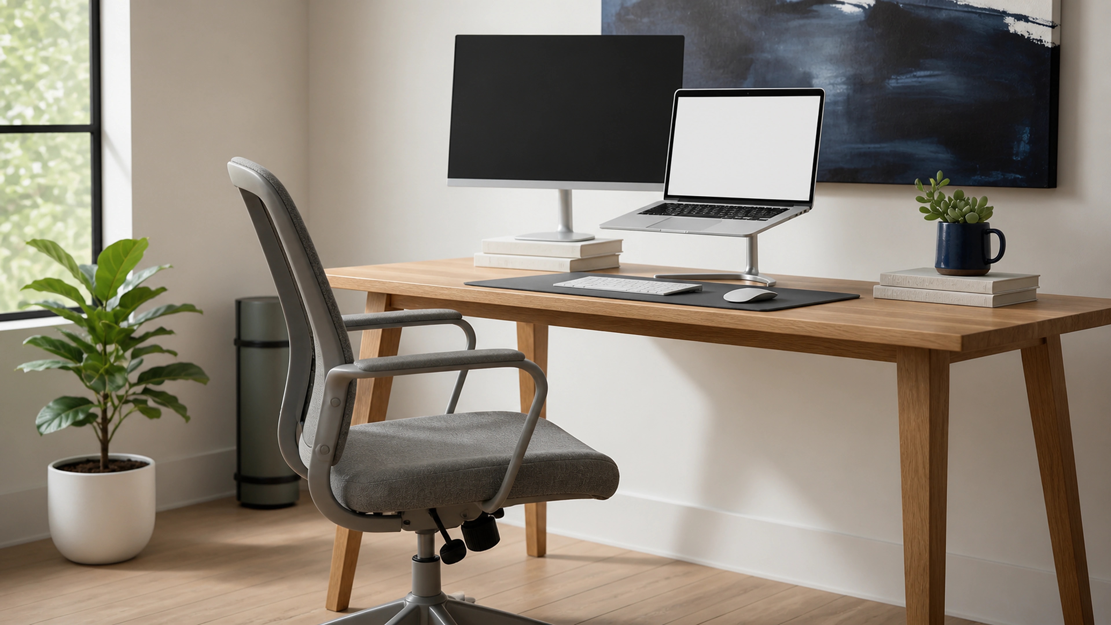 Practical home office assembled with simple furniture, a raised screen, and an attentive seated worker