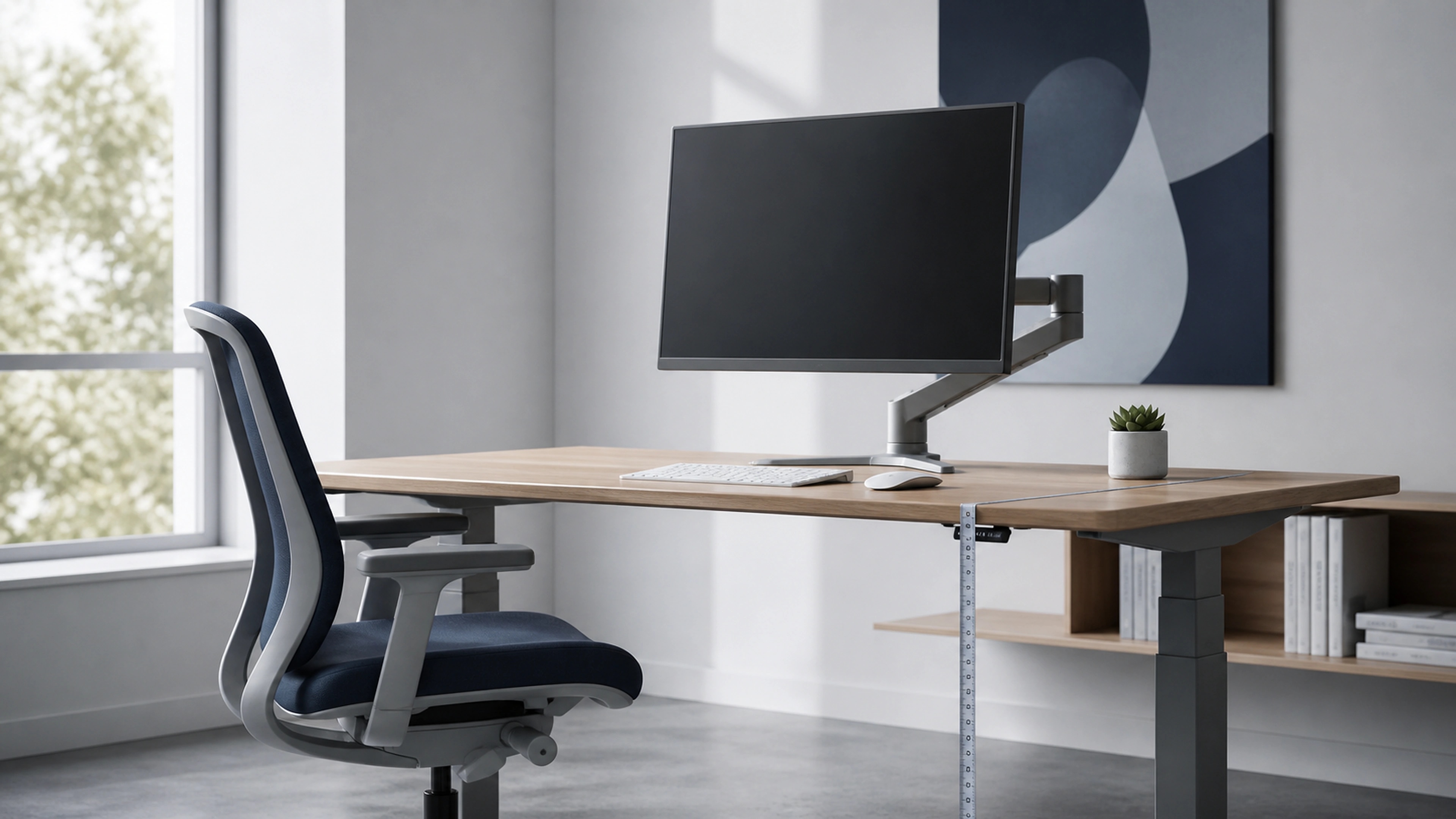 Worker measuring elbow height against a desktop while adjusting a practical home workstation