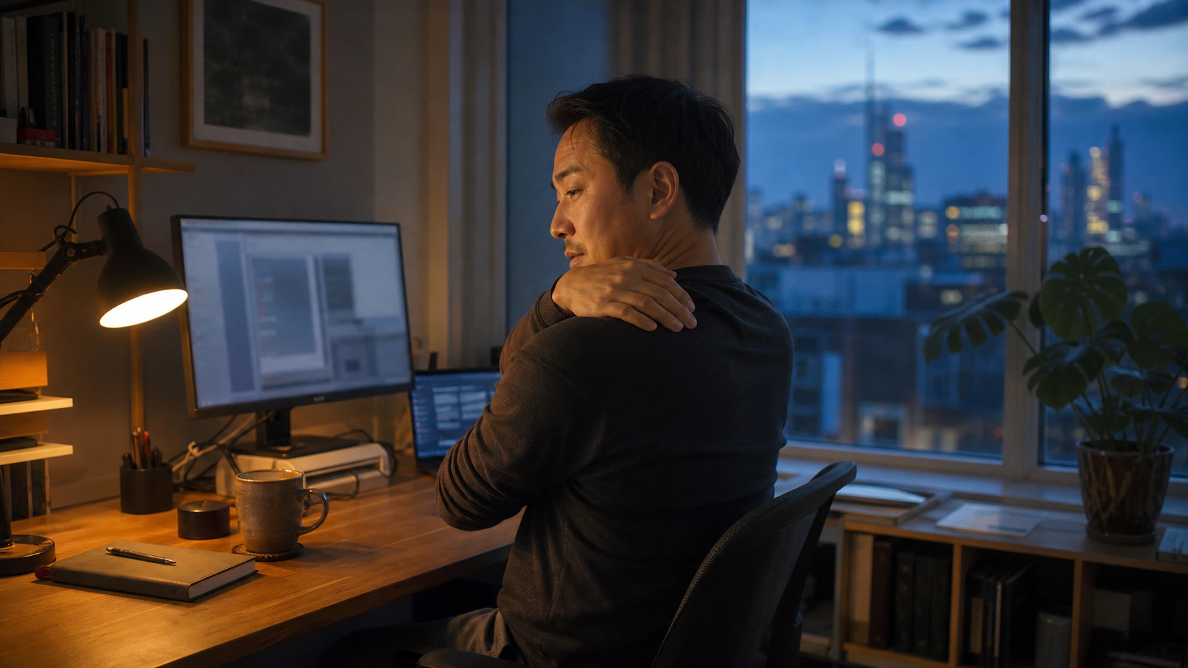 Focused office worker pausing to adjust their chair during a long afternoon at the computer