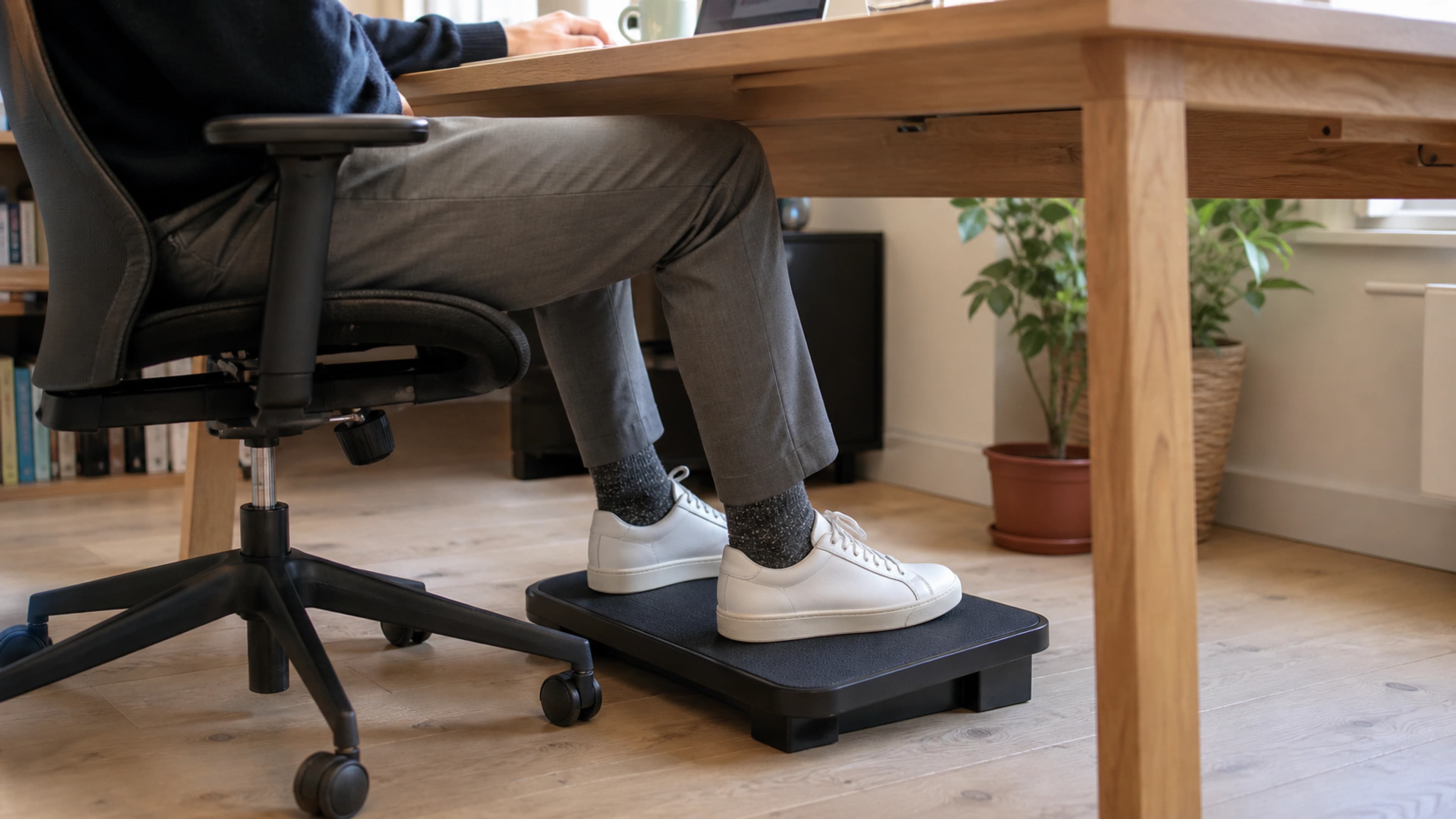 Floor-level view of a desk worker alternating foot positions and lifting one heel beneath a timber desk