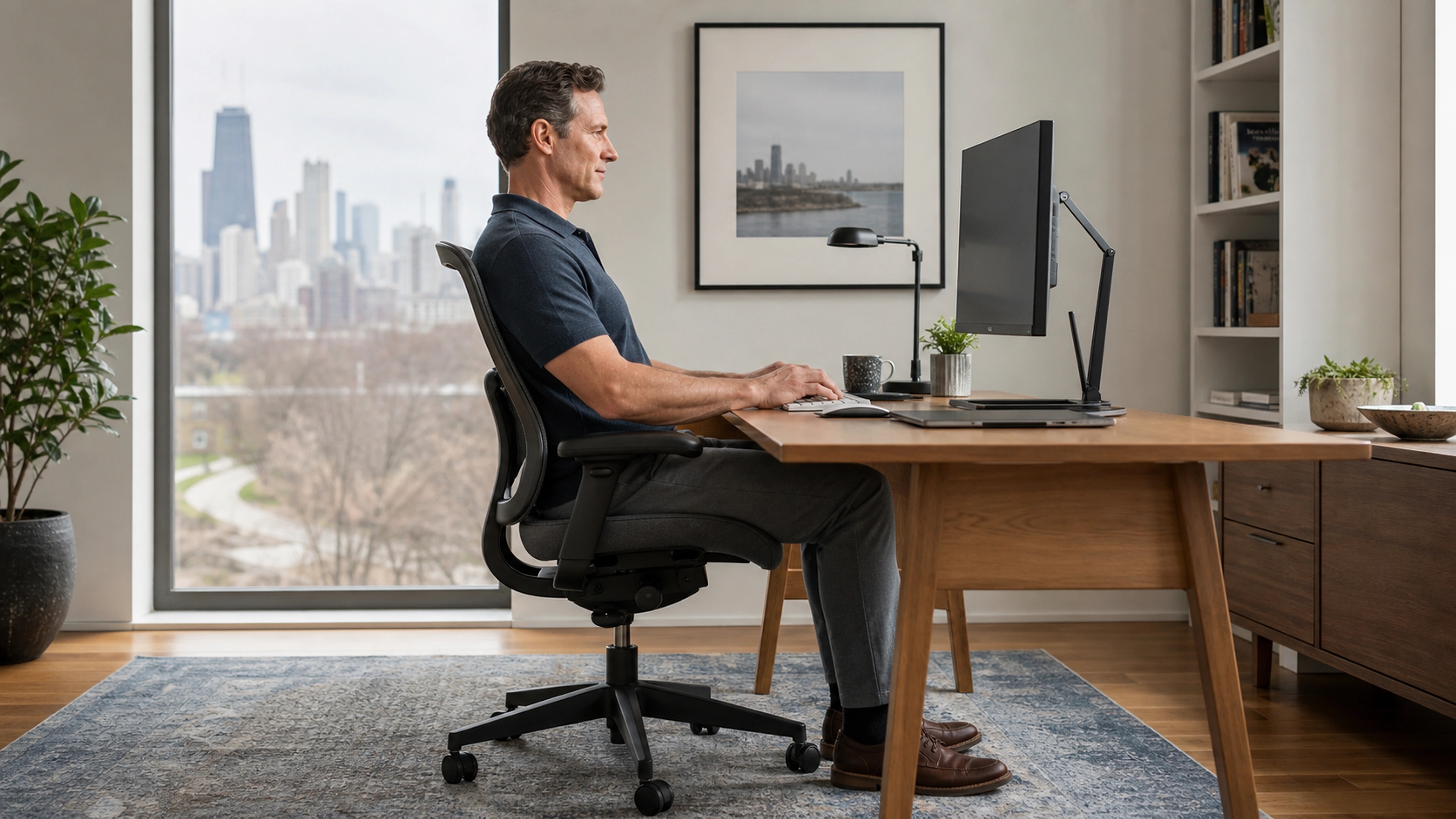 Office worker checking lower-back contact and chair support during a focused seated work session