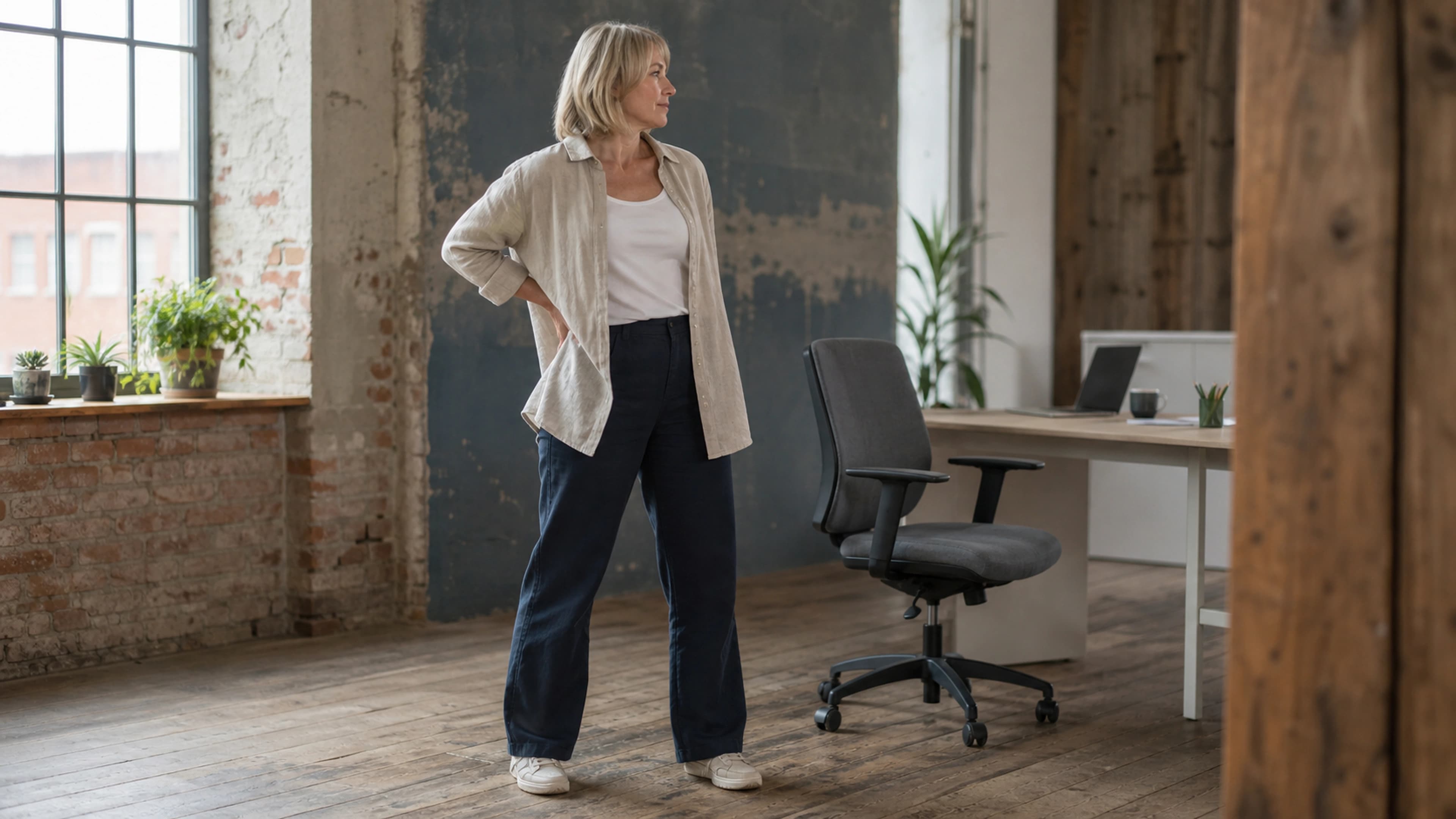 Woman performing a gentle standing hip and lower-back reset beside an office chair in a bright studio