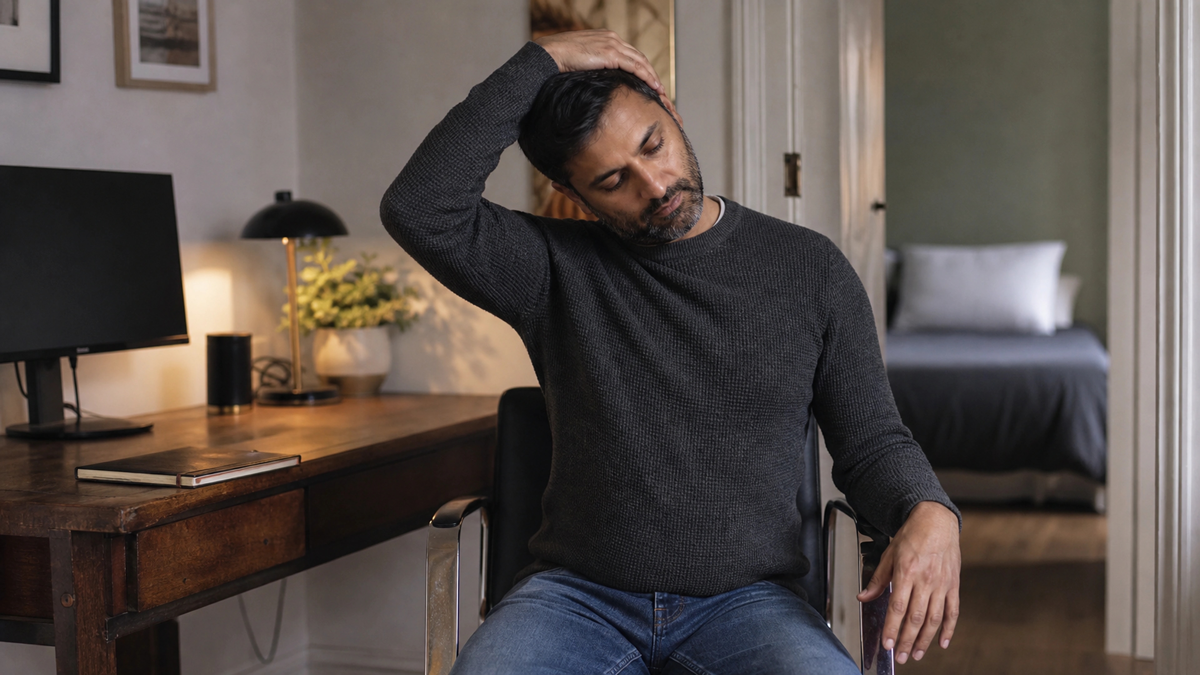 Desk worker pausing for a gentle neck-and-shoulder mobility exercise in a compact home workspace
