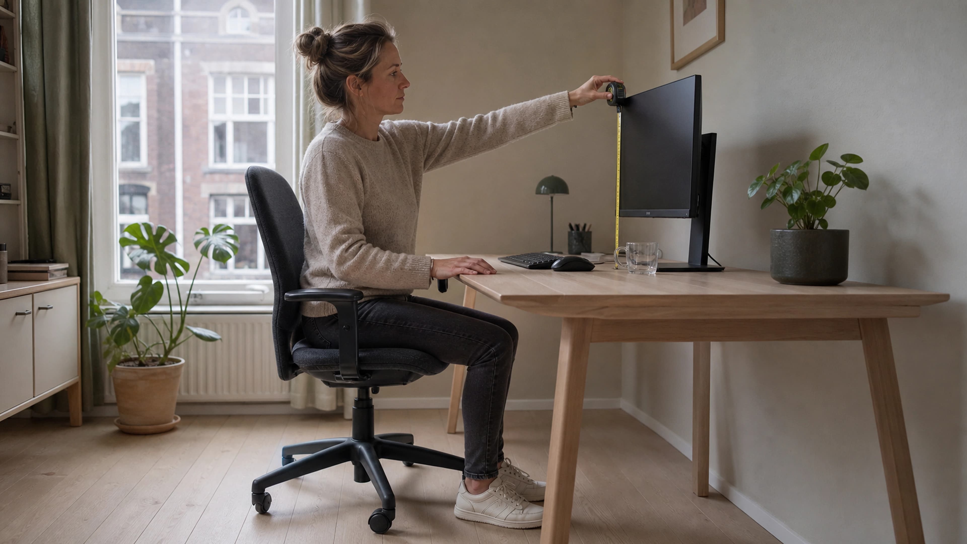 Adult measuring monitor height, elbow level, and seated knee position at a home workstation