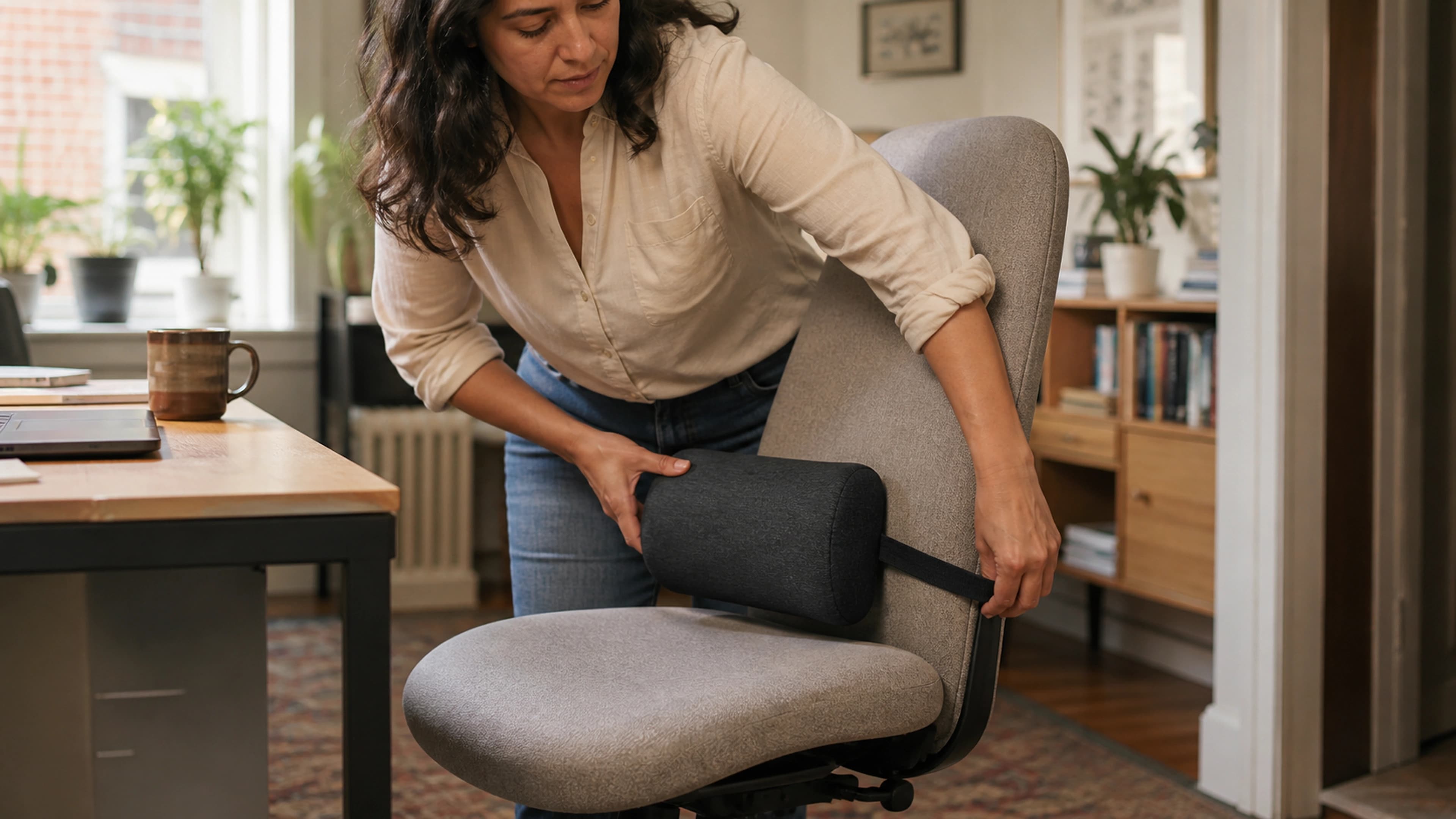 Close view of hands positioning a small lower-back cushion at belt-line height on an ordinary chair