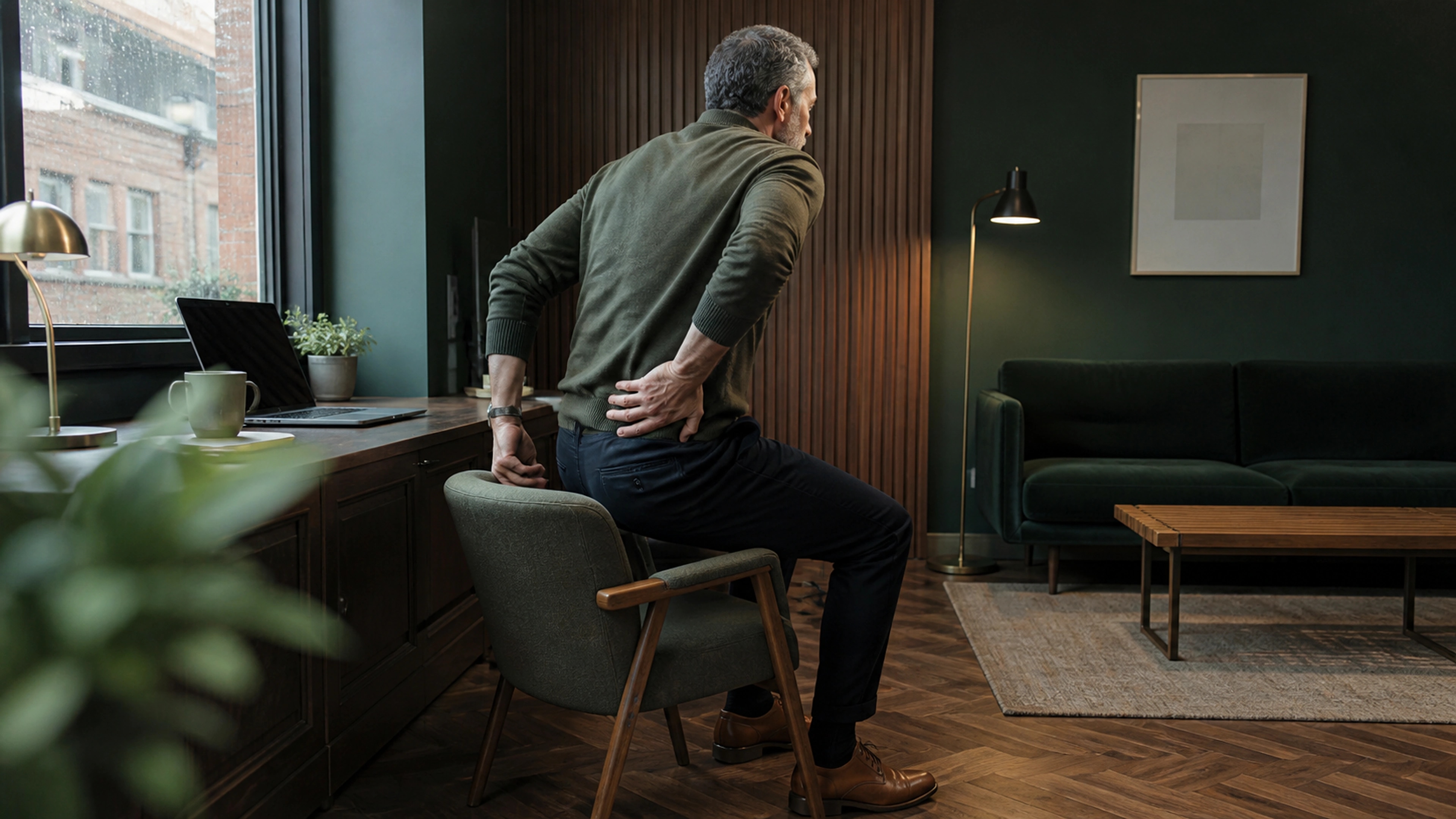 Adult carefully adjusting seated weight distribution and chair position in a quiet workspace