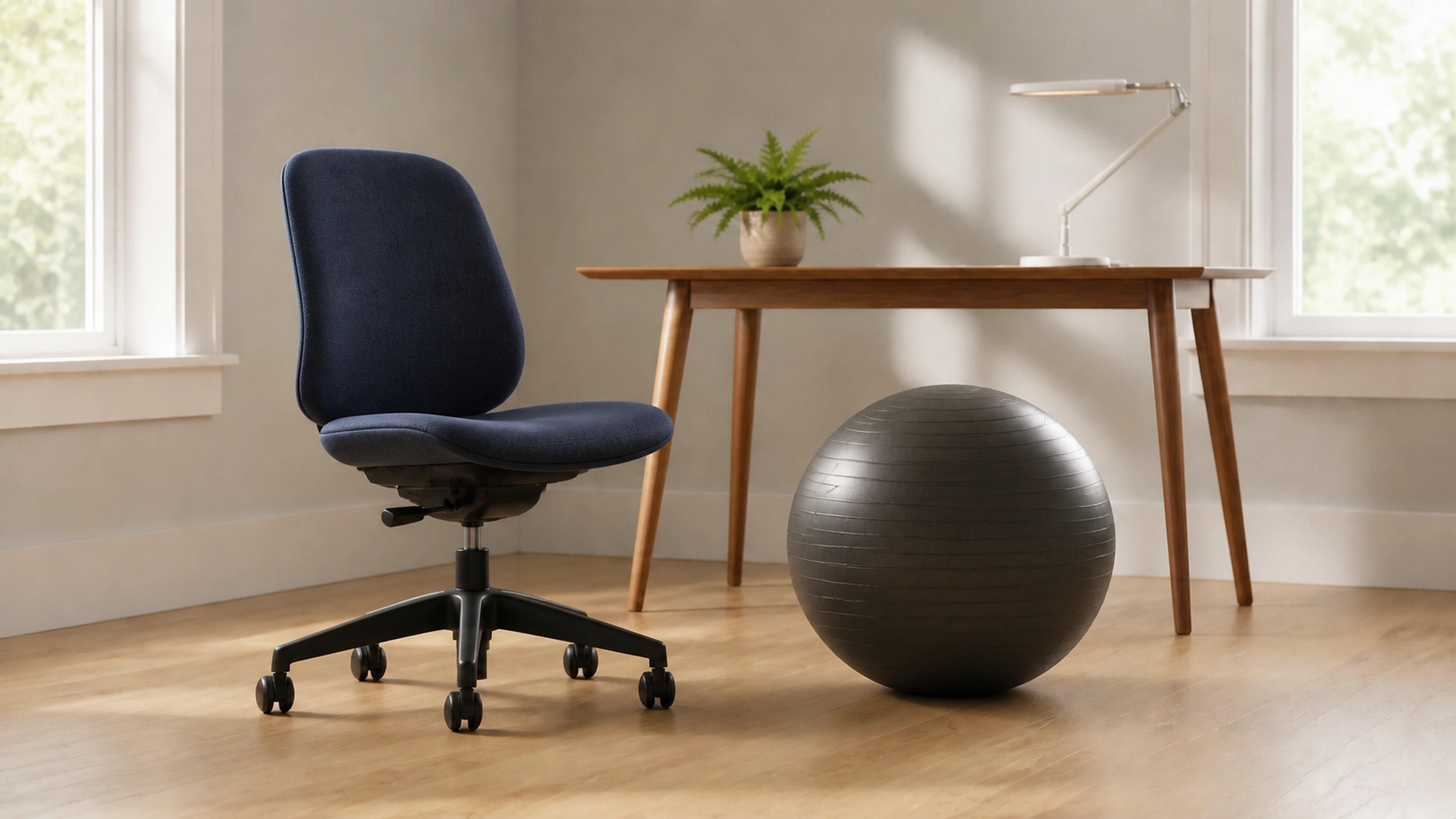 Home worker comparing an exercise ball and an office chair within a real working setup
