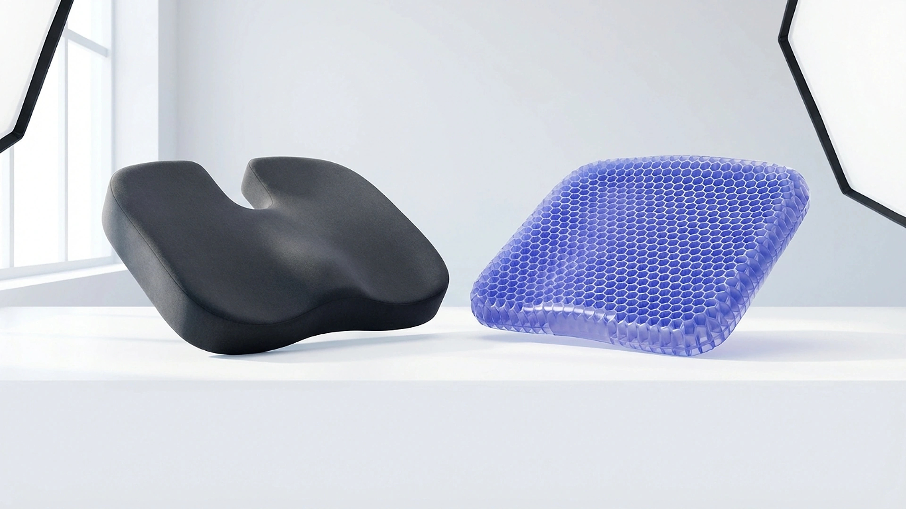 Close editorial comparison of slow-rebound foam and ventilated gel structures on a neutral workbench