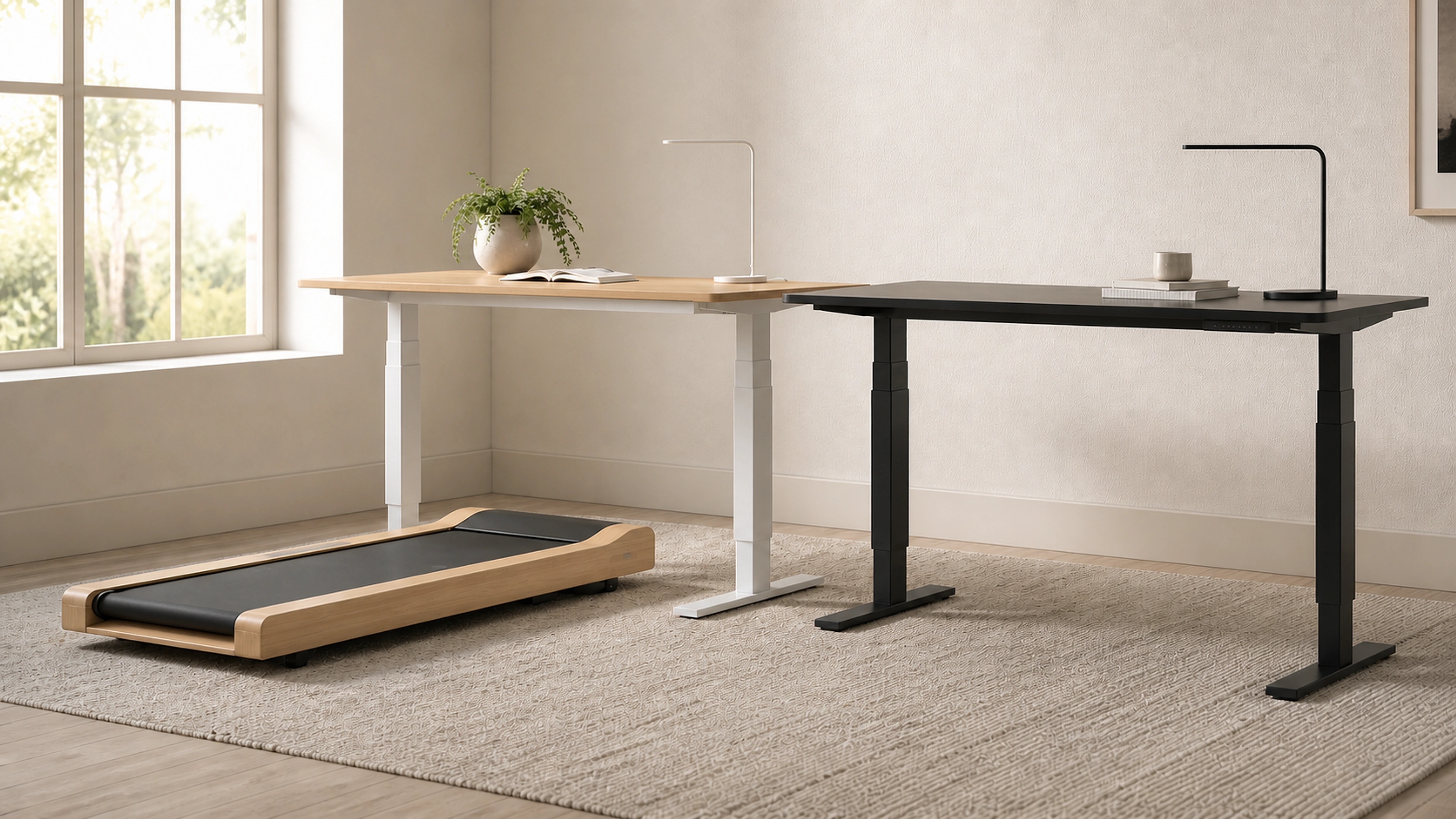 Worker comparing steady standing with slow walking at a shared height-adjustable workstation
