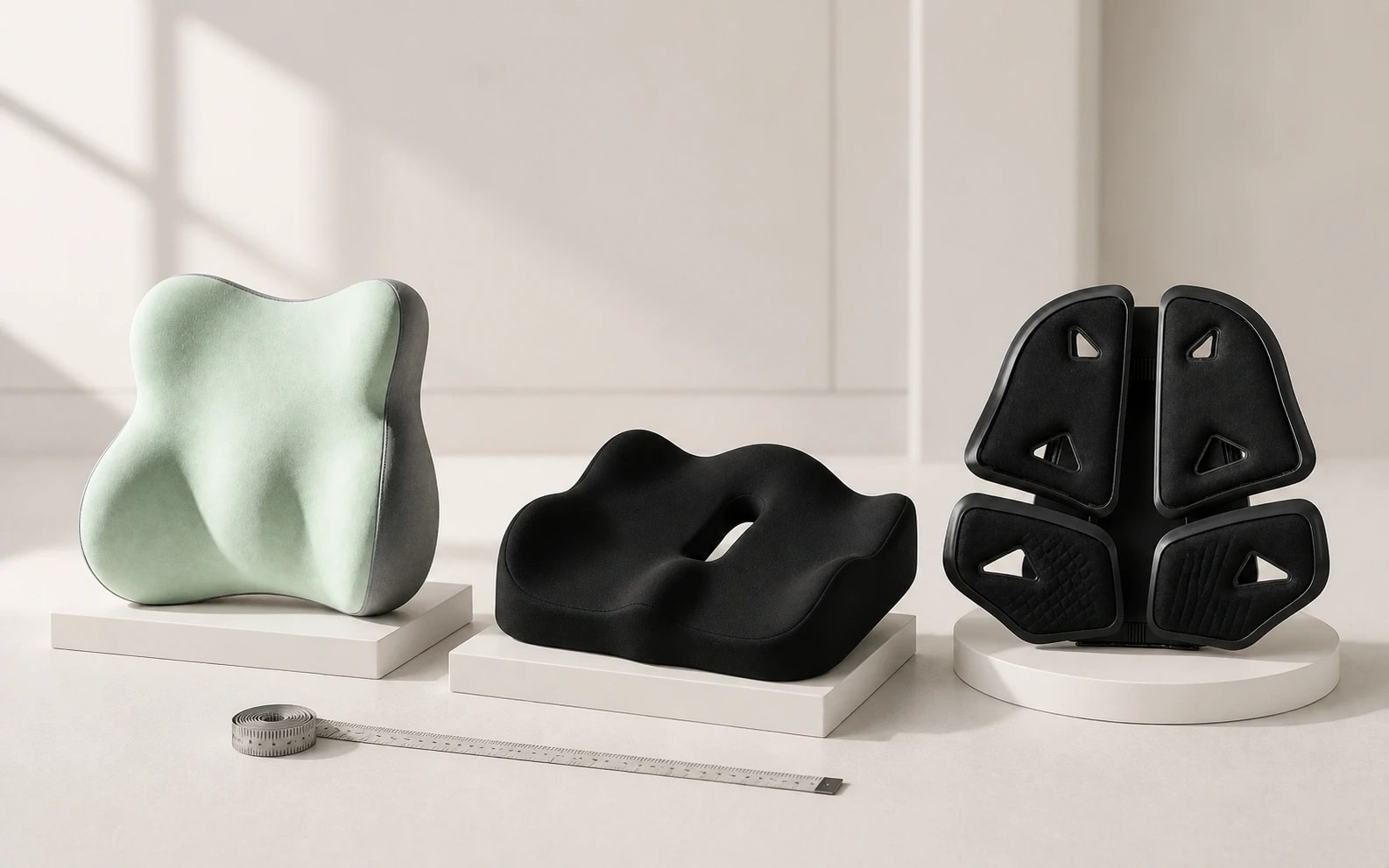 Three distinct ergonomic support products arranged for practical comparison