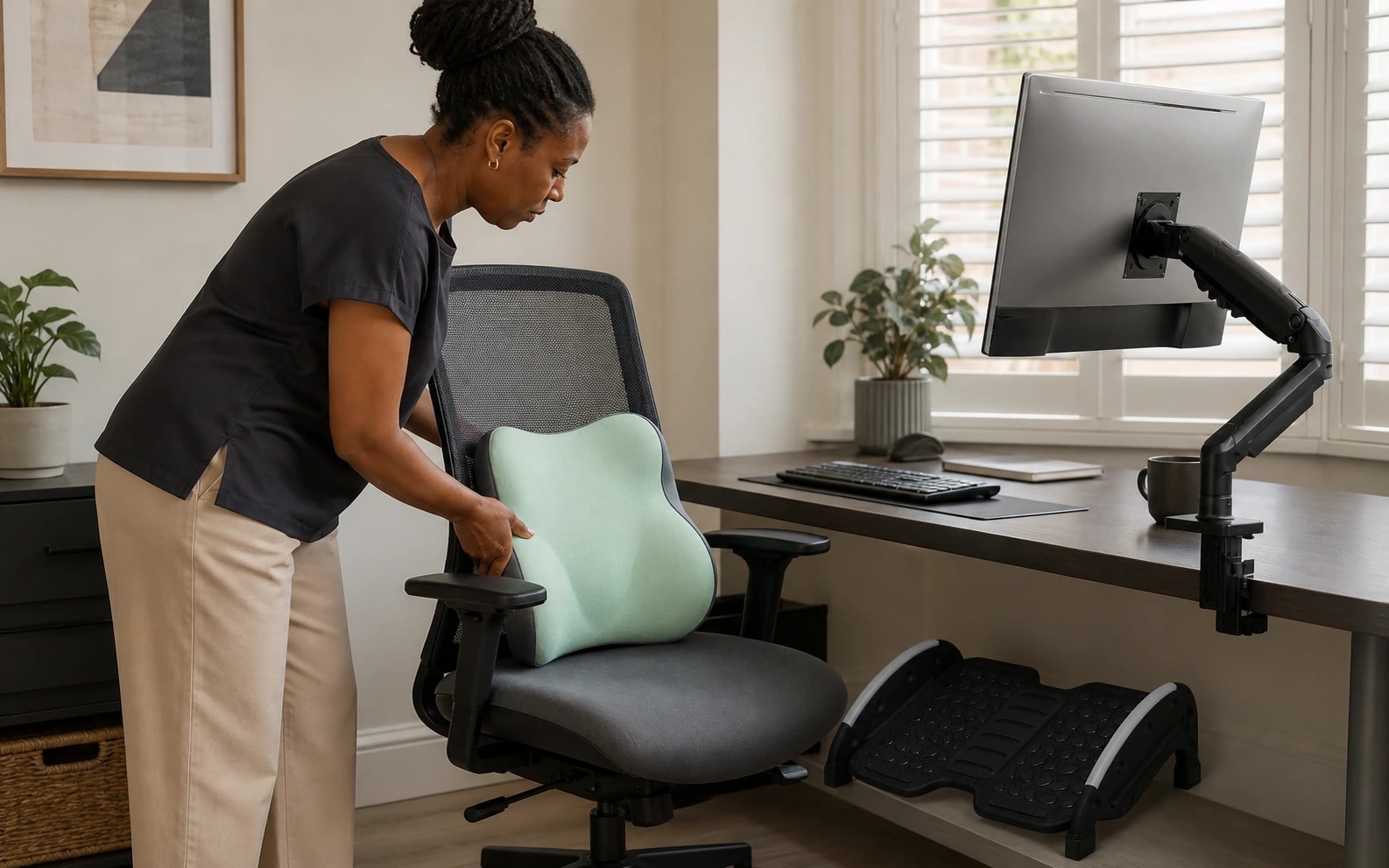 Woman positioning lumbar support while setting up an ergonomic workstation