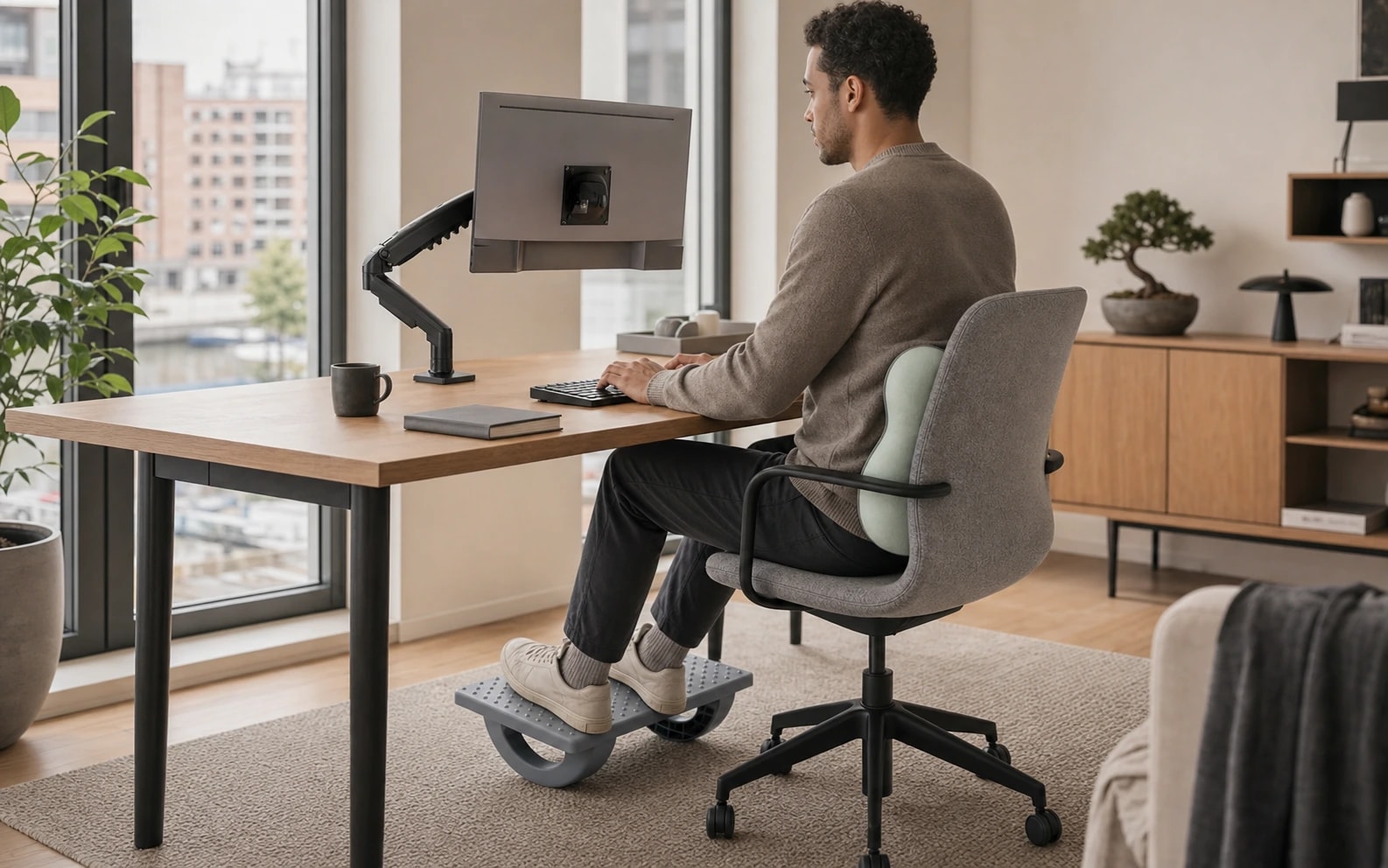 Hybrid worker using correctly positioned lumbar, monitor, and foot support