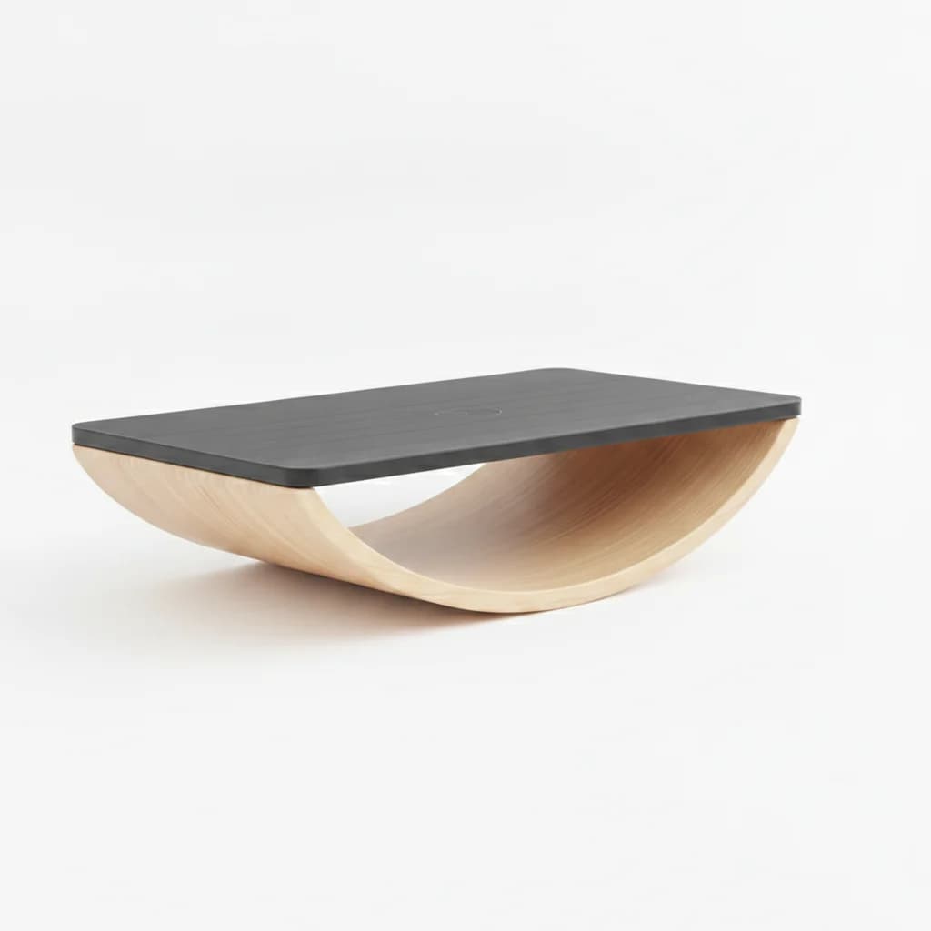 Close-up of the balance board curved wood base and textured top