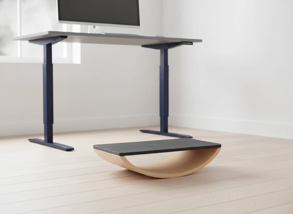 Standing-desk balance board in front of a standing desk