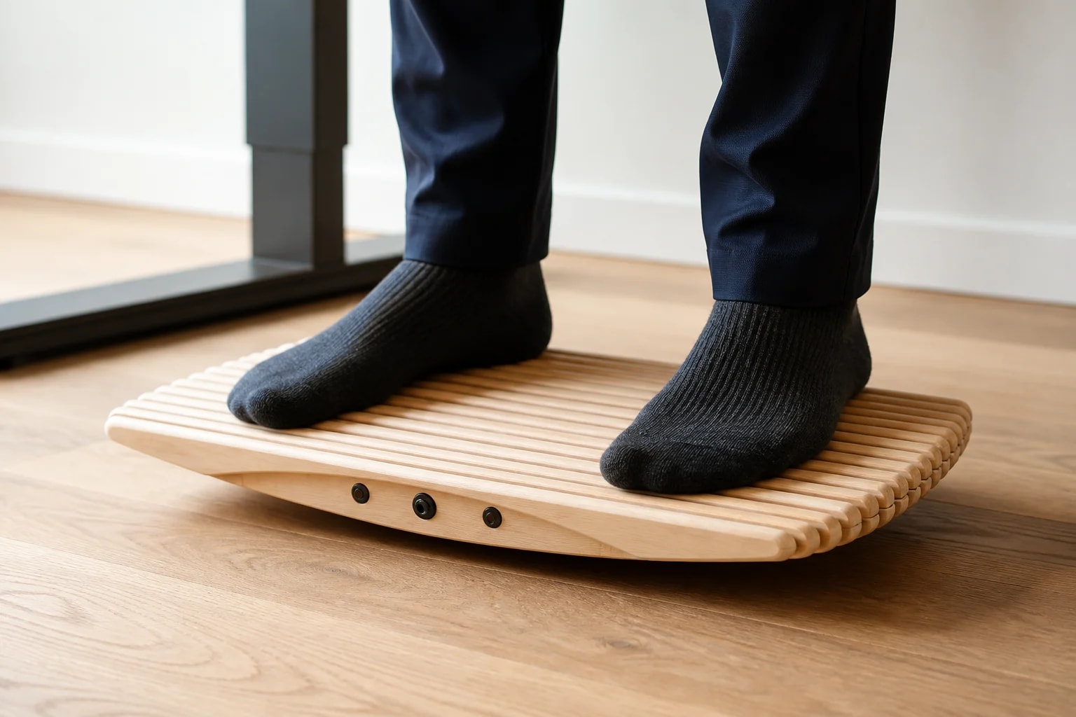 Both feet resting on the rounded wooden slats of the ErgoSway deck