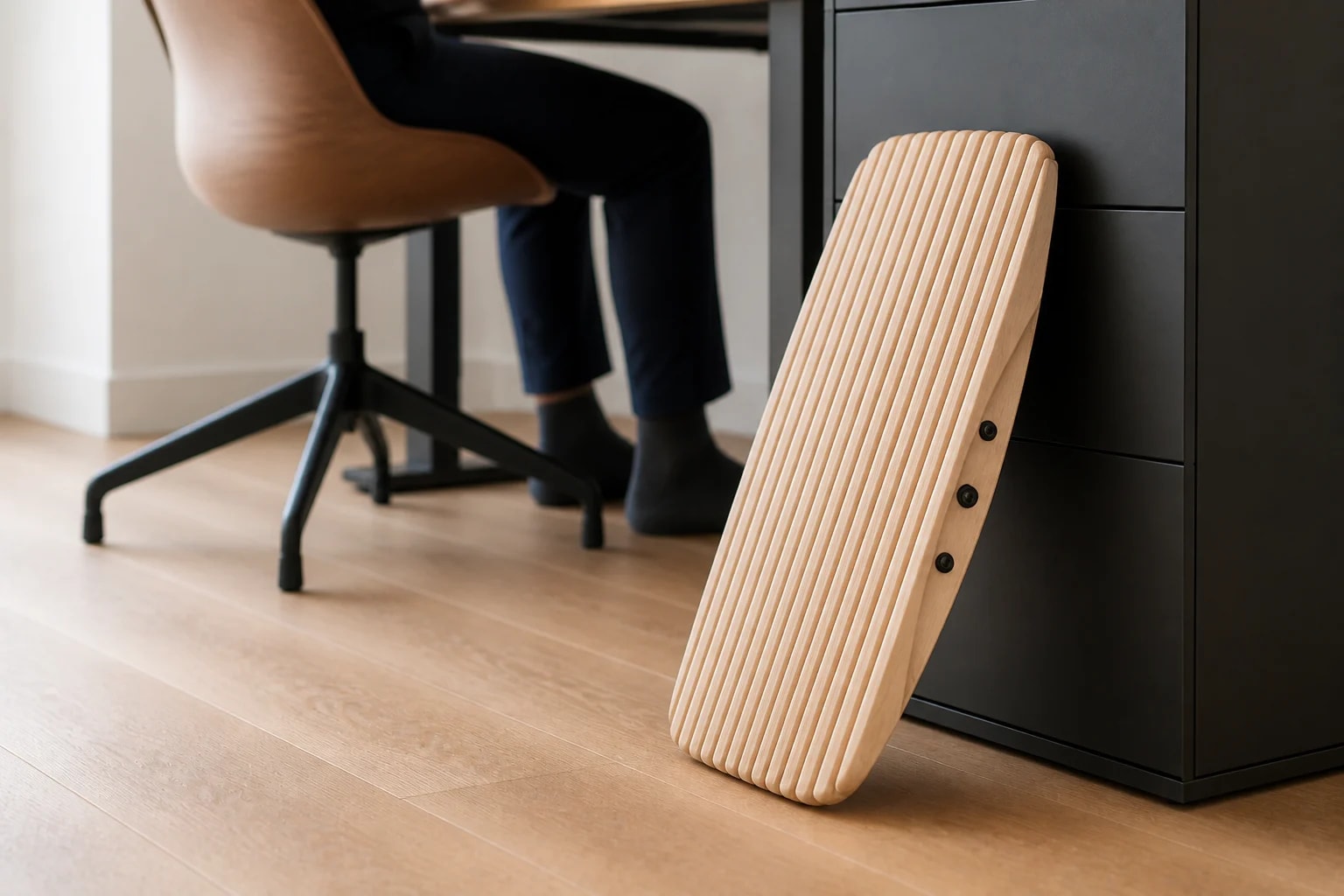 Person moving the ErgoSway wooden balance board away from a standing desk