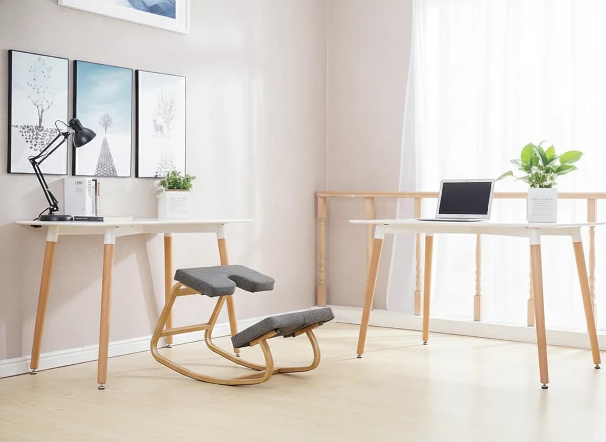 Active kneeling chair beside a desk in a bright home office