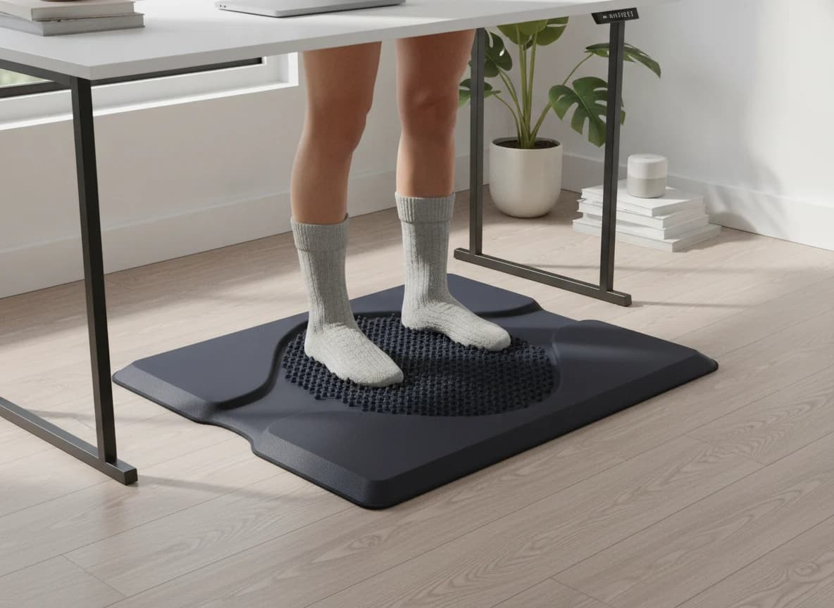 Standing desk massage mat in use at a standing desk