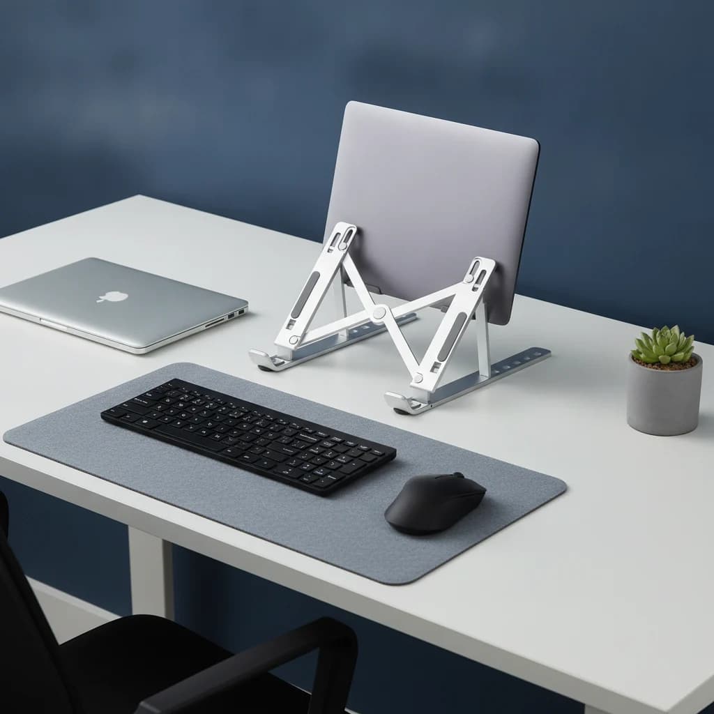 Laptop stored vertically to save desk space