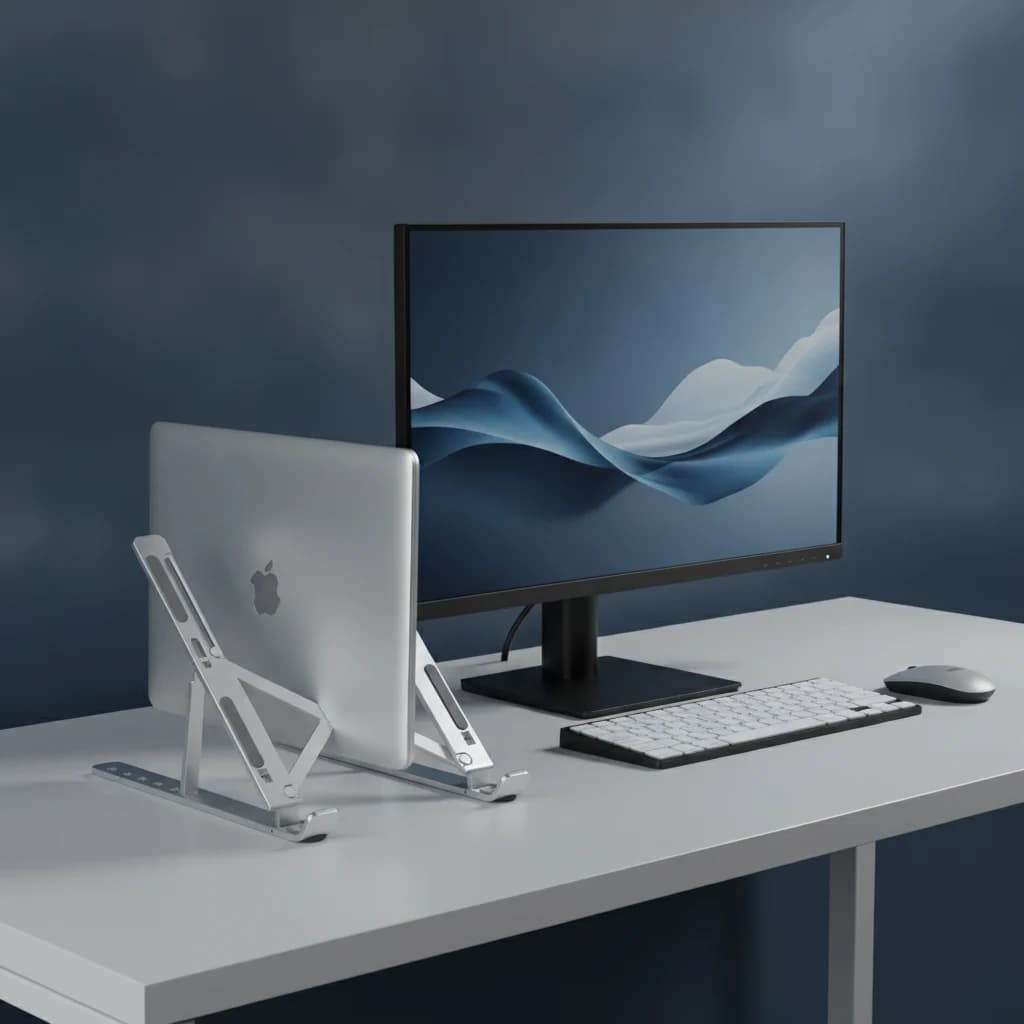 Brushed aluminium base of the vertical laptop stand