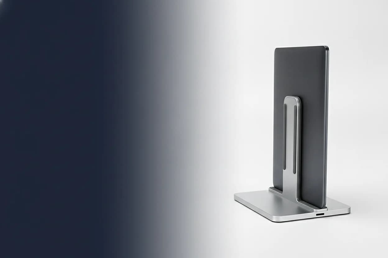 Vertical laptop stand holding a laptop upright, shown from the front