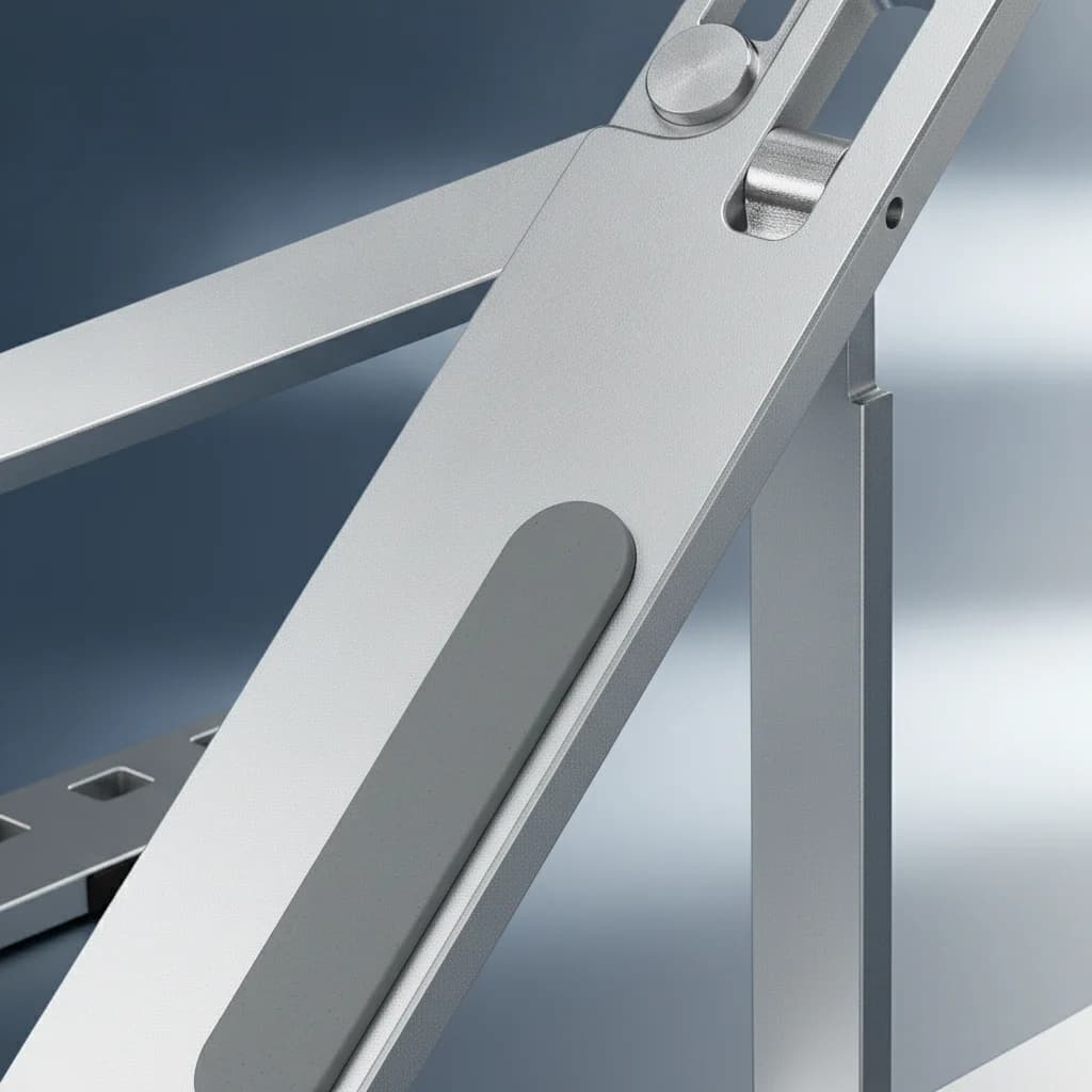 Close-up of the laptop stand aluminium finish and cradle lining