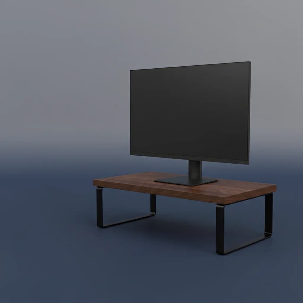 Wood riser lifting a monitor to eye level