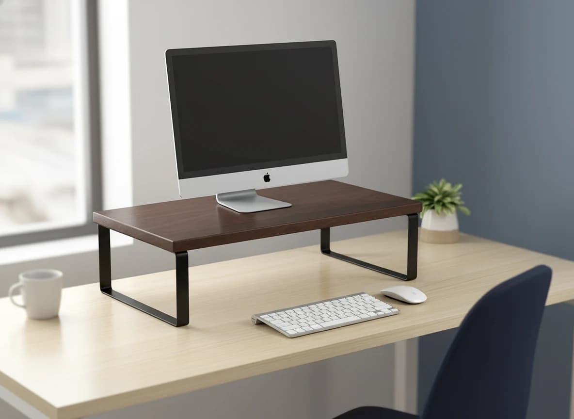 Wood monitor riser on a styled desk