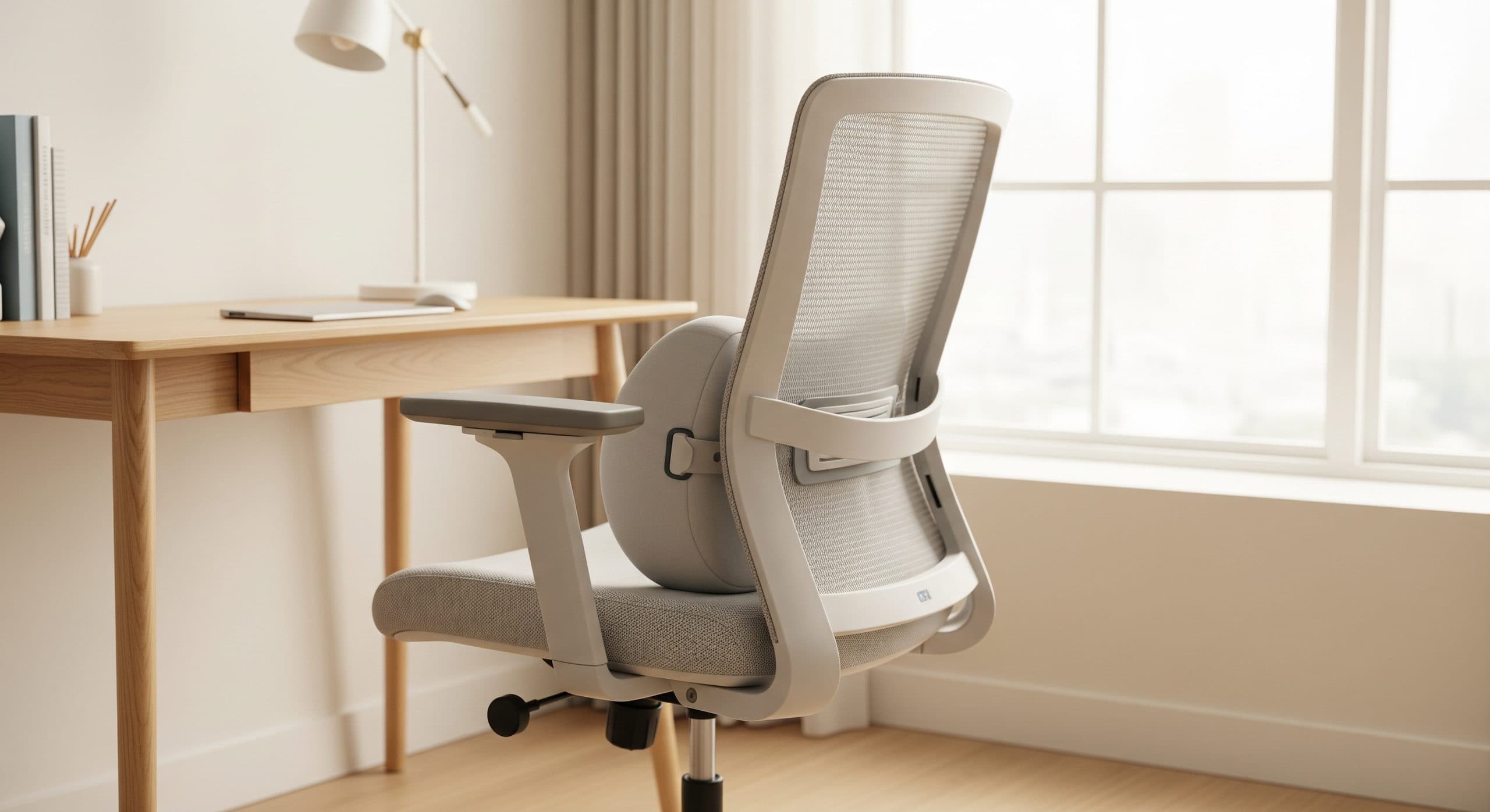 Light wood and grey mesh ergonomic office chair with a lumbar support pillow on the backrest, beside a pale oak desk in a bright, minimal home office with soft natural daylight.