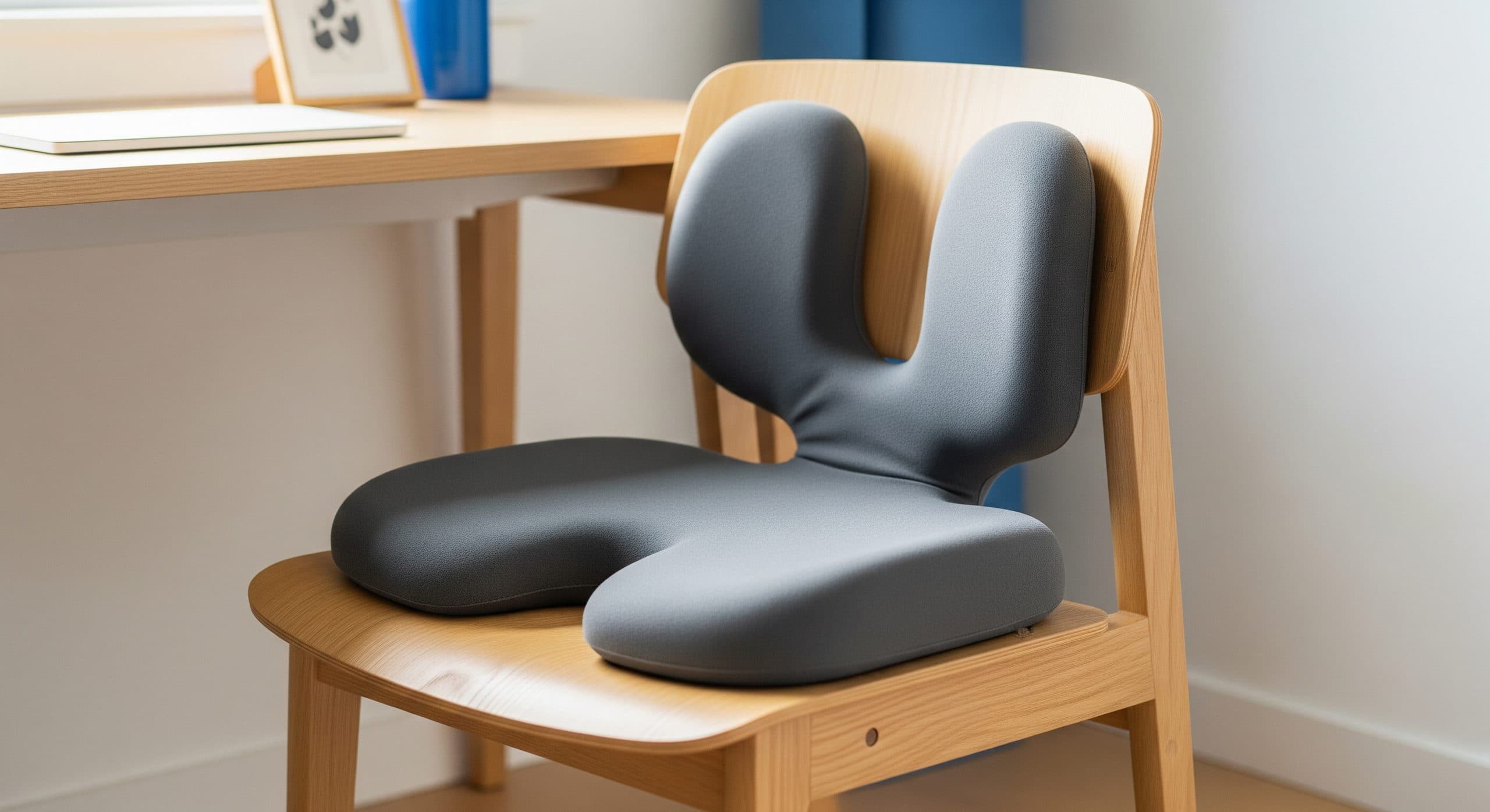 Charcoal-grey coccyx-cutout memory foam seat cushion on a light oak ergonomic office chair beside a minimalist home desk in bright natural daylight.