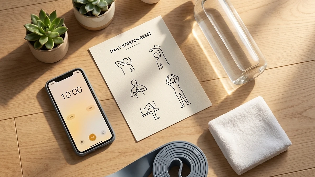 Flat-lay of a daily stretch routine: timer, exercise card, water bottle, and resistance band