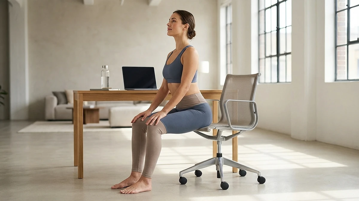 Woman performing the cow phase of a cat-cow stretch while seated on an office chair