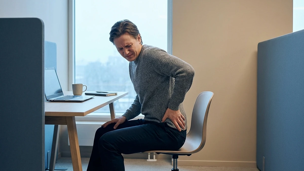 Person sitting at a desk wincing from sciatica pain in lower hip area
