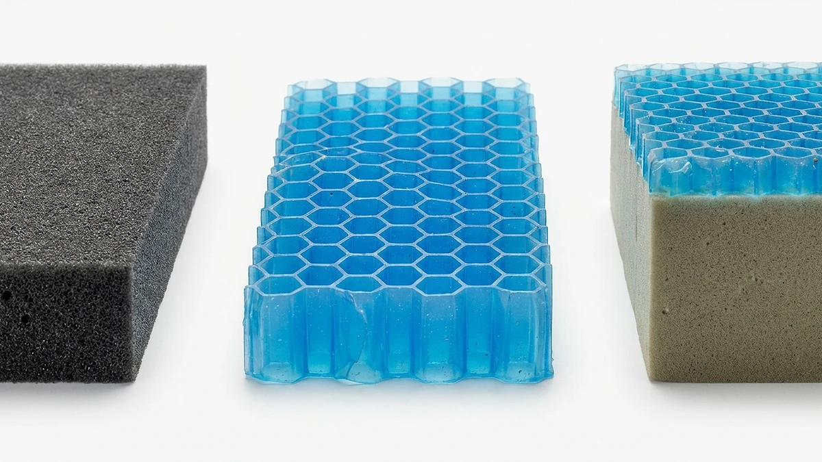 Three cushion materials compared: memory foam, gel grid, and hybrid cross-section