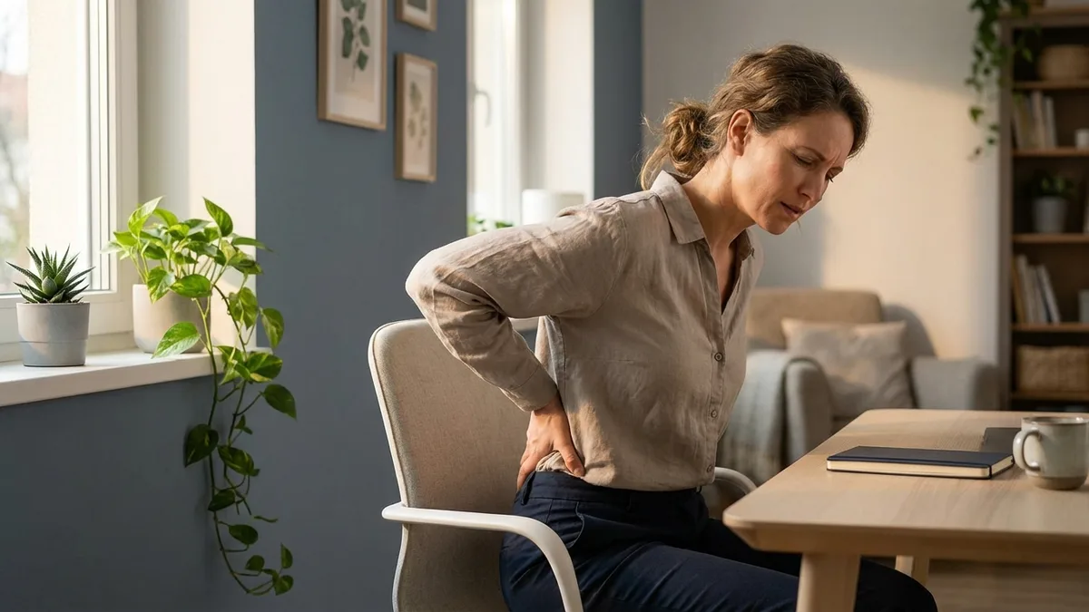 Office worker experiencing back discomfort while sitting at a desk