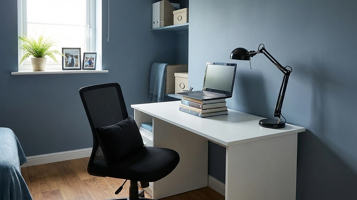 Budget-friendly ergonomic home office setup with simple desk, mesh chair, and DIY monitor riser