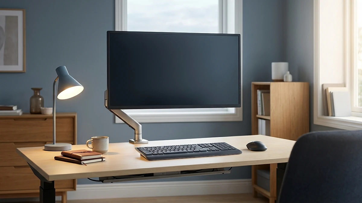 Ergonomic desk setup showing monitor at eye level and keyboard at elbow height