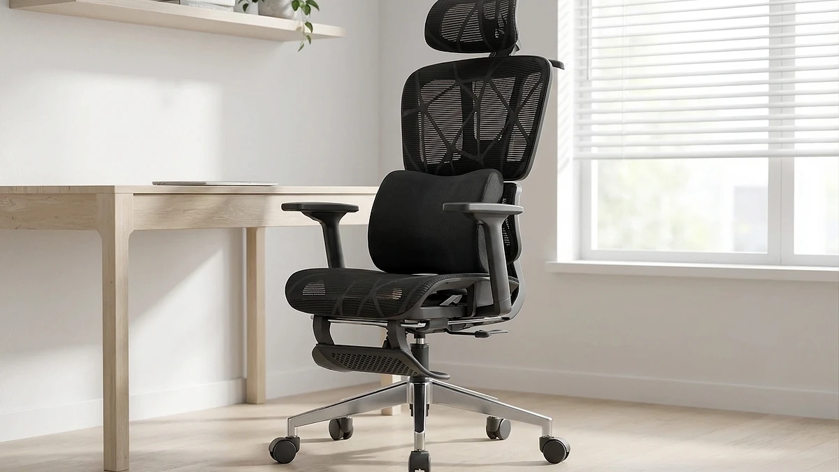 Properly adjusted ergonomic chair with lumbar pillow at a Scandinavian desk setup
